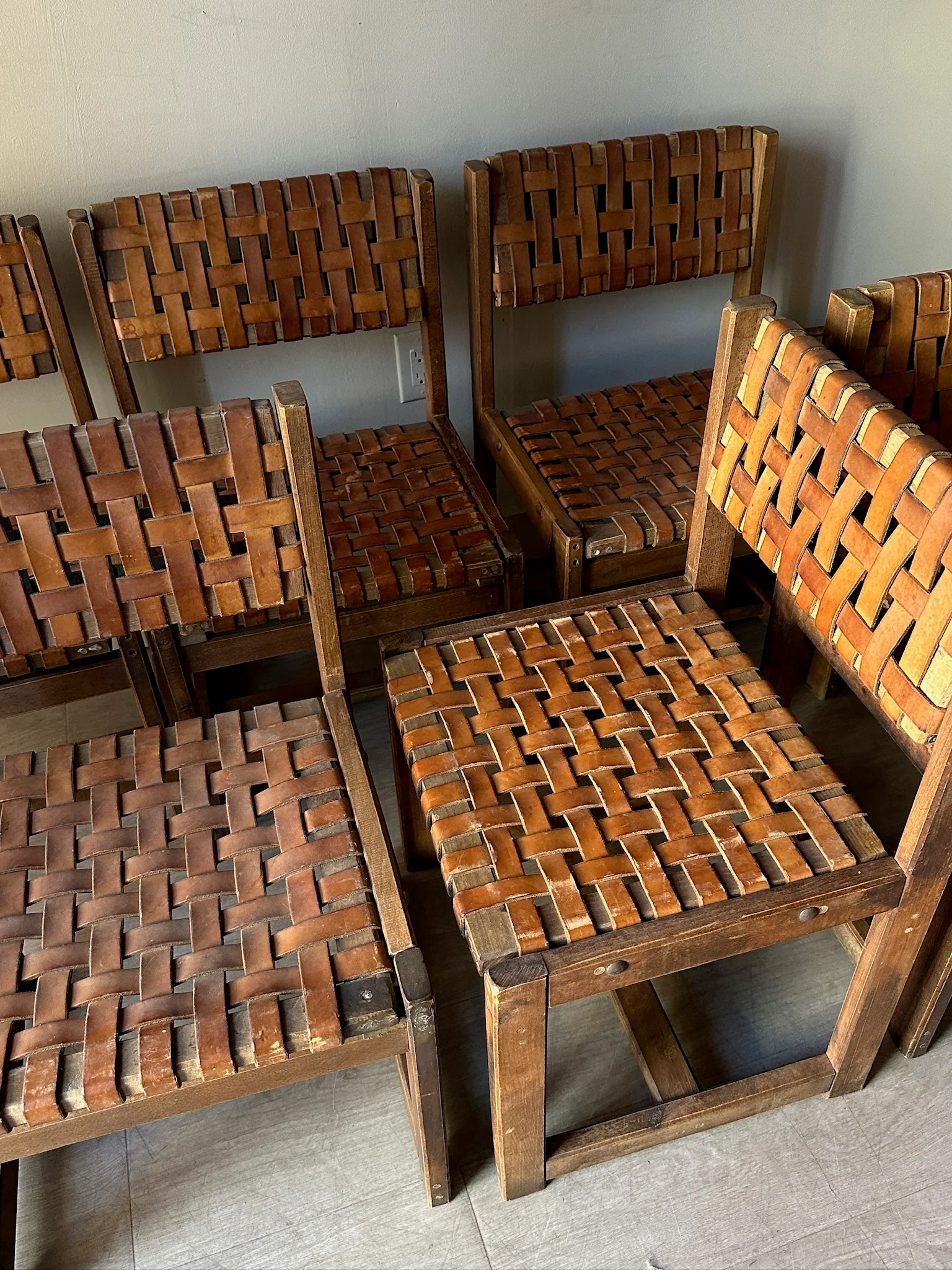 10 1970s woven leather dining chairs. Sold individually. - Image 3