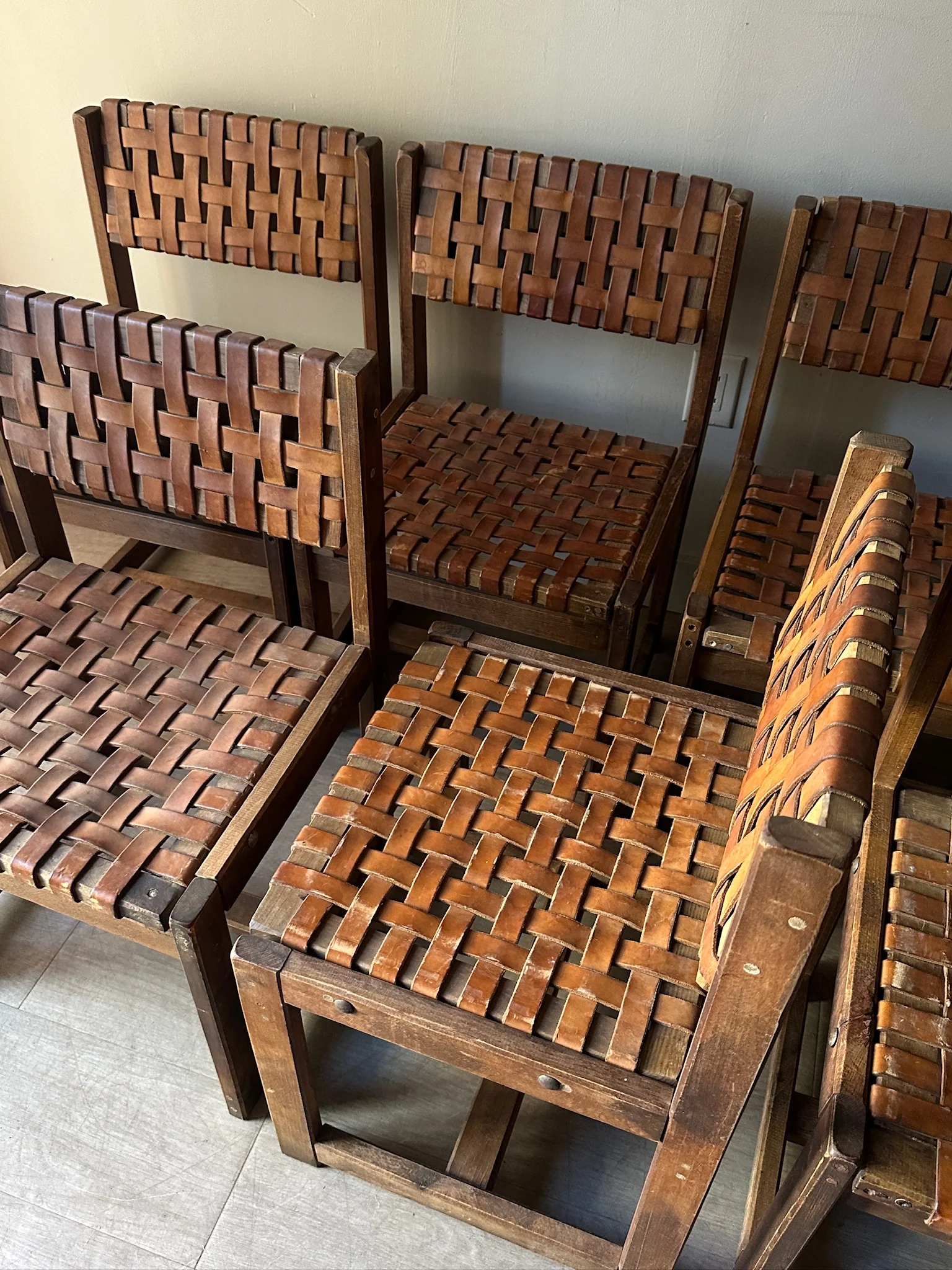 10 1970s woven leather dining chairs. Sold individually. - Image 4