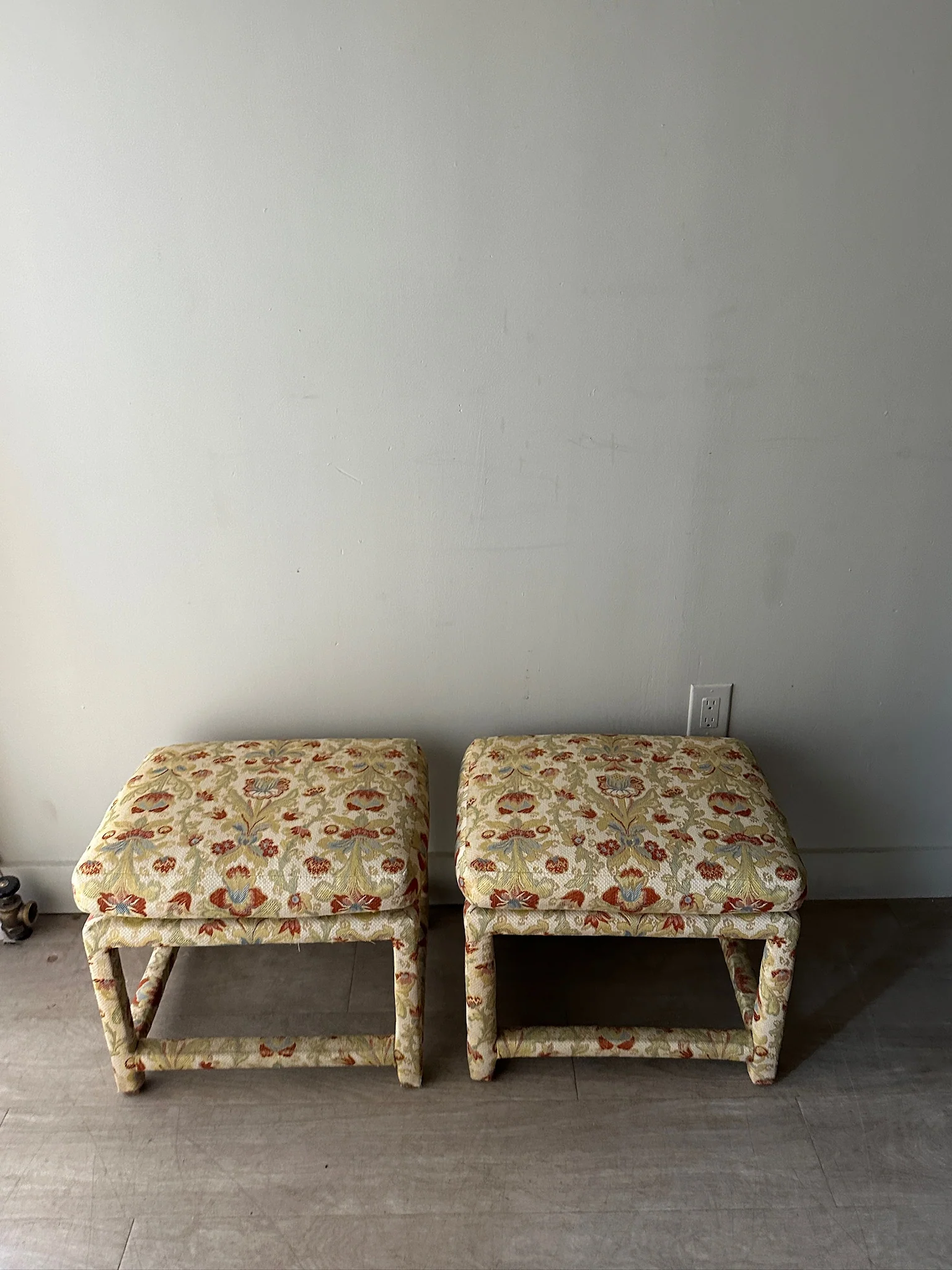 2 Milo Baughman floral upholstered stools or ottomans. Sold individually. - Image 3
