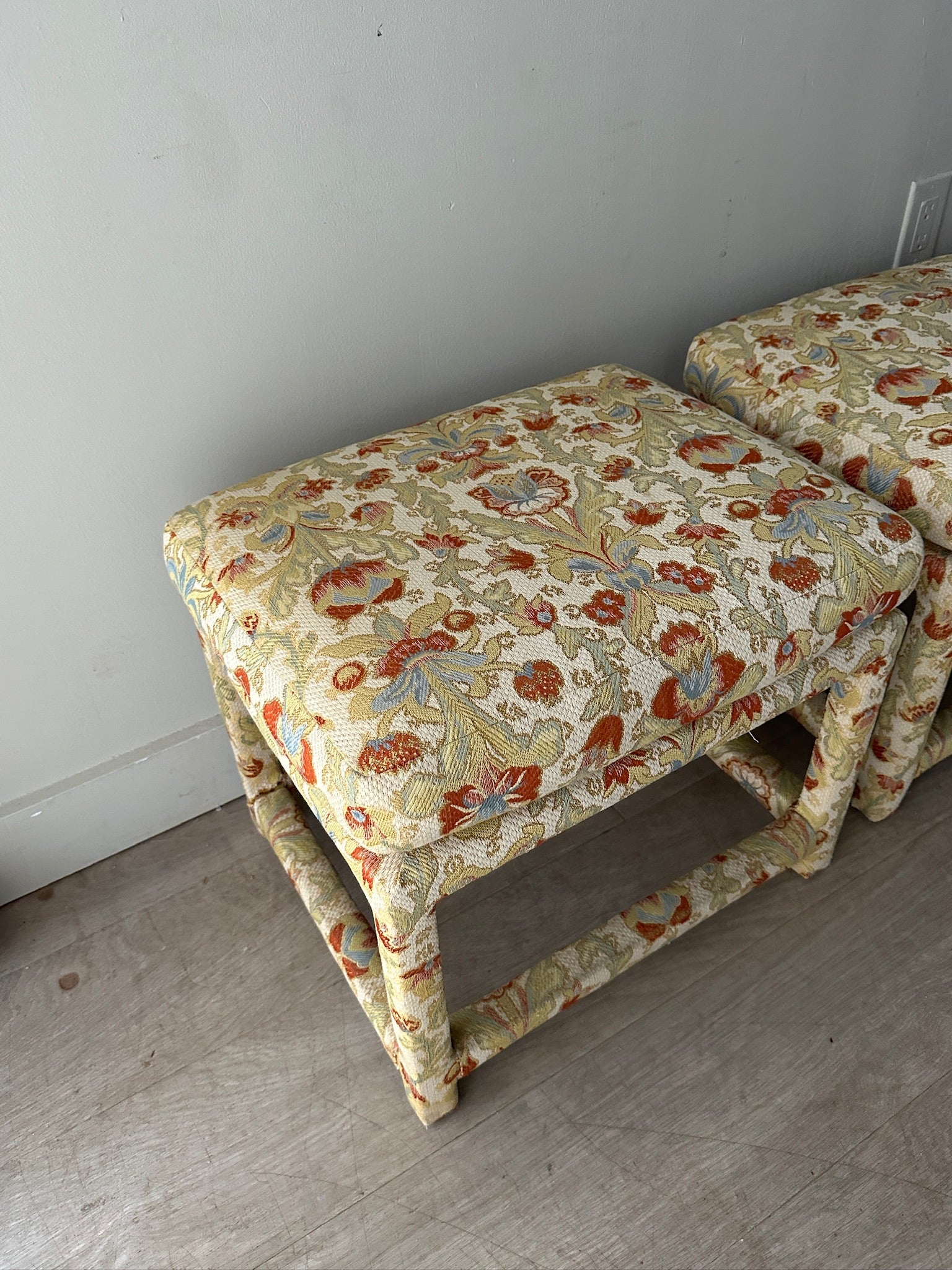 2 Milo Baughman floral upholstered stools or ottomans. Sold individually. - Image 4