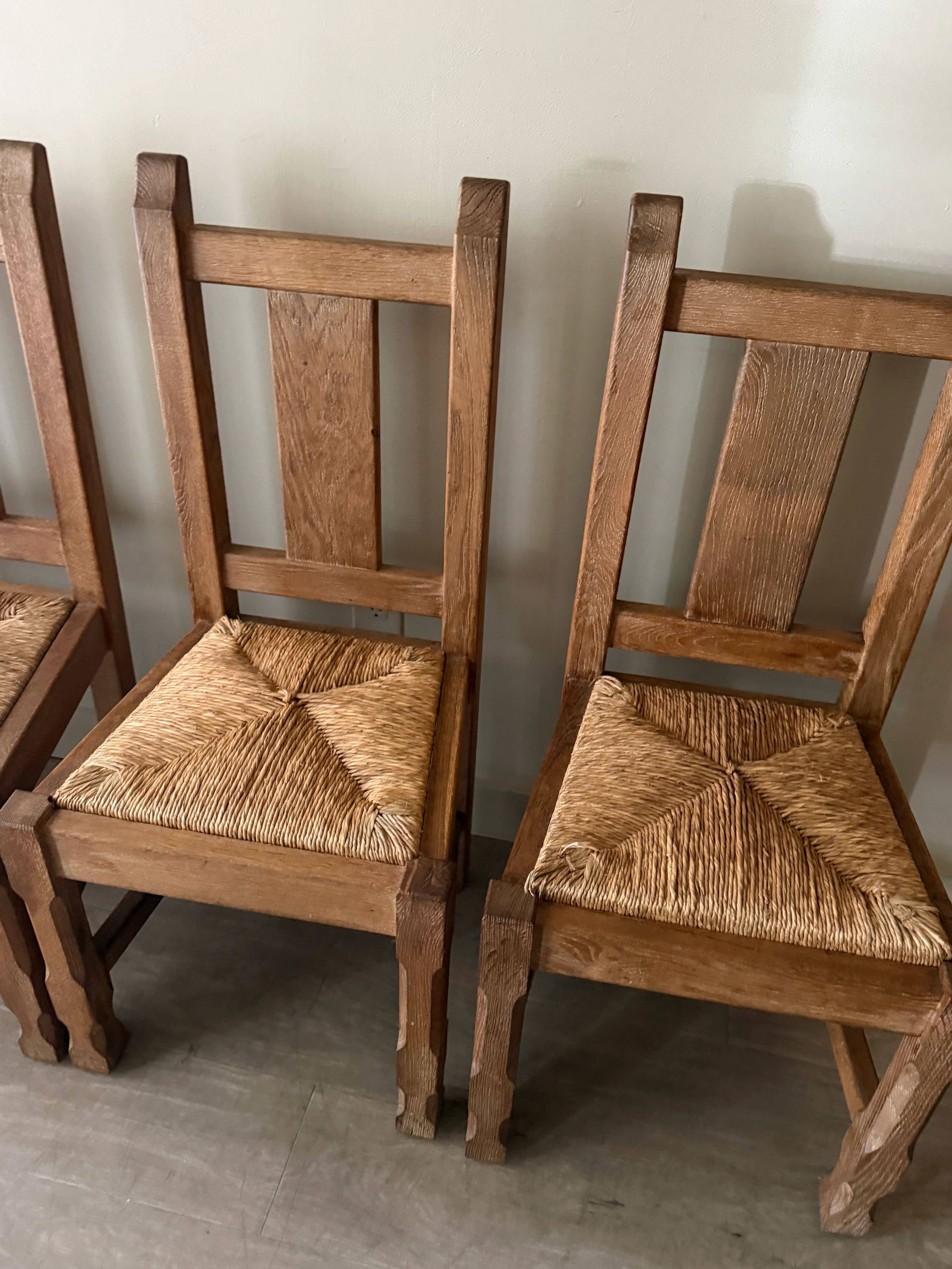 Belgian De Puydt oak & rush dining chairs. Sold as a set of 4. - Image 3