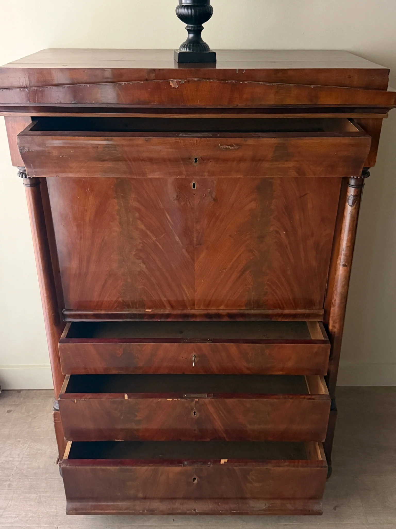 Burl mahogany secretary chest - Image 4