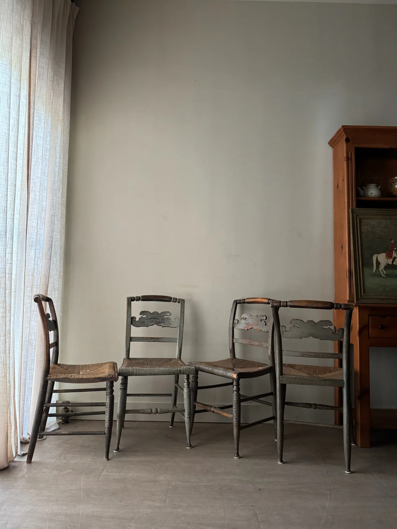 Carved dining chairs with rush seats. Sold in pairs. - Image 2