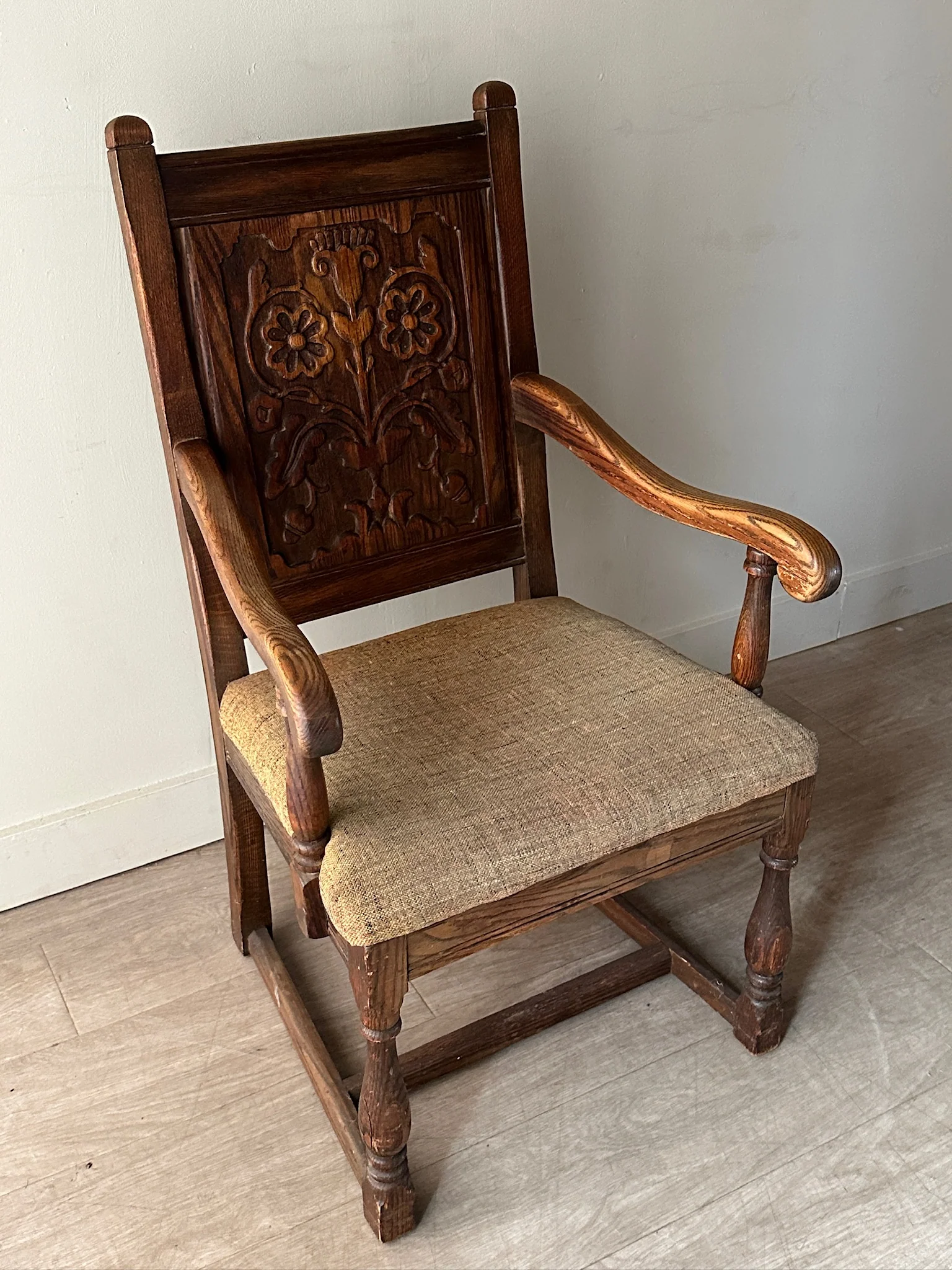 Carved oak upholstered armchair - Image 2