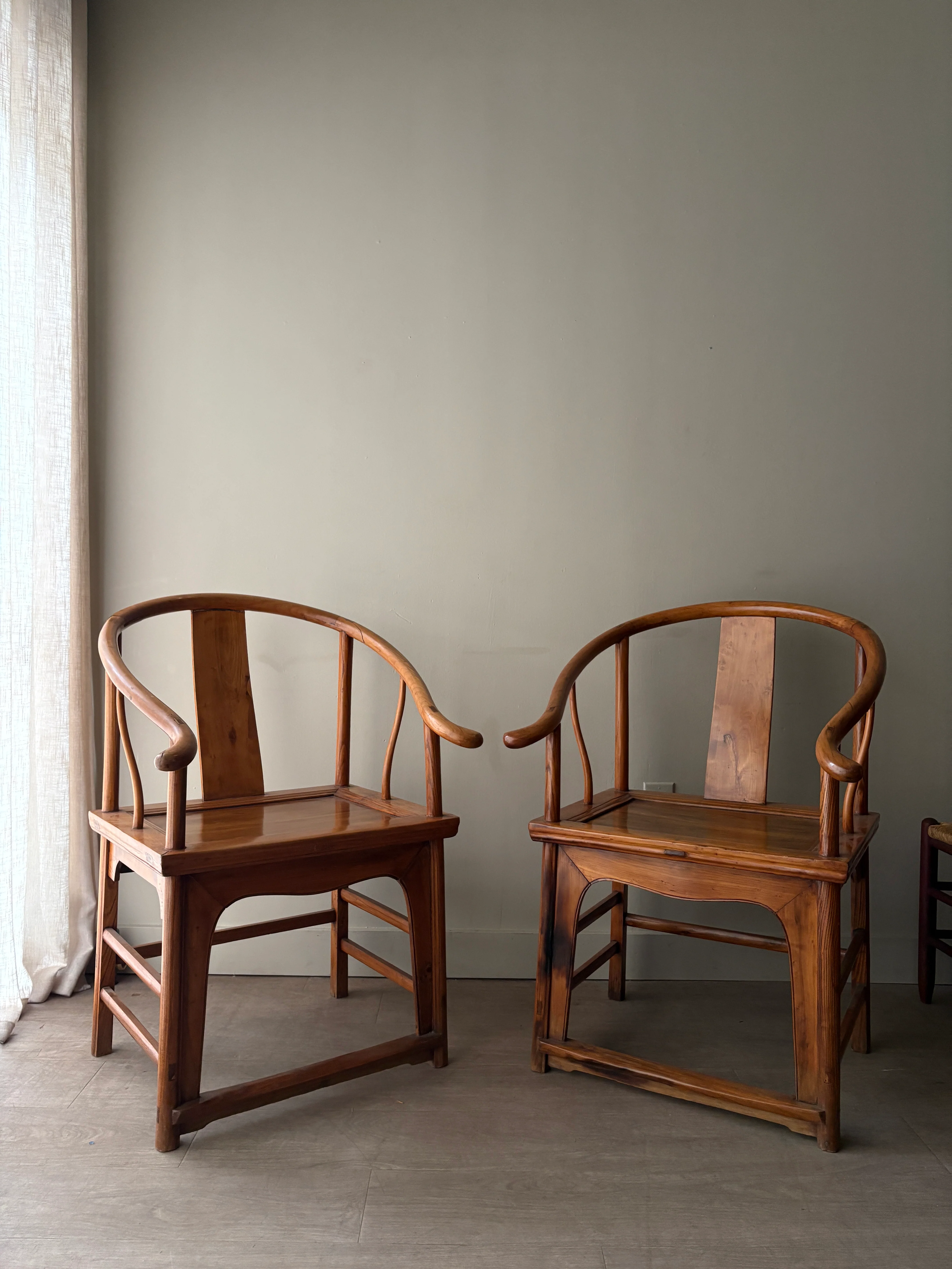 Chinese elmwood yoke back armchairs. Sold individually - Image 4