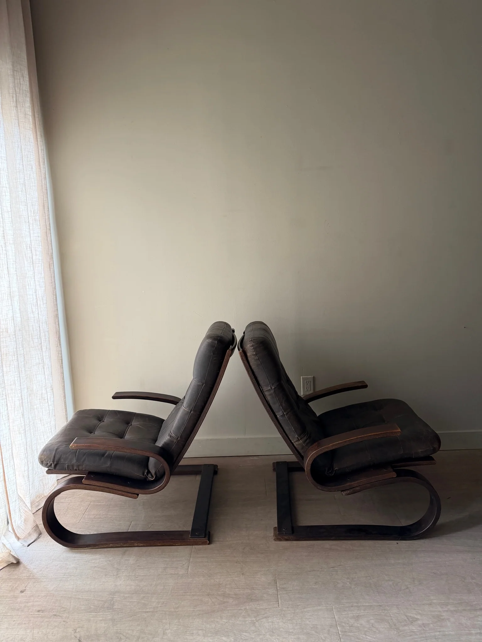 Danish beech bentwood and leather lounge chairs. Sold individually. - Image 3