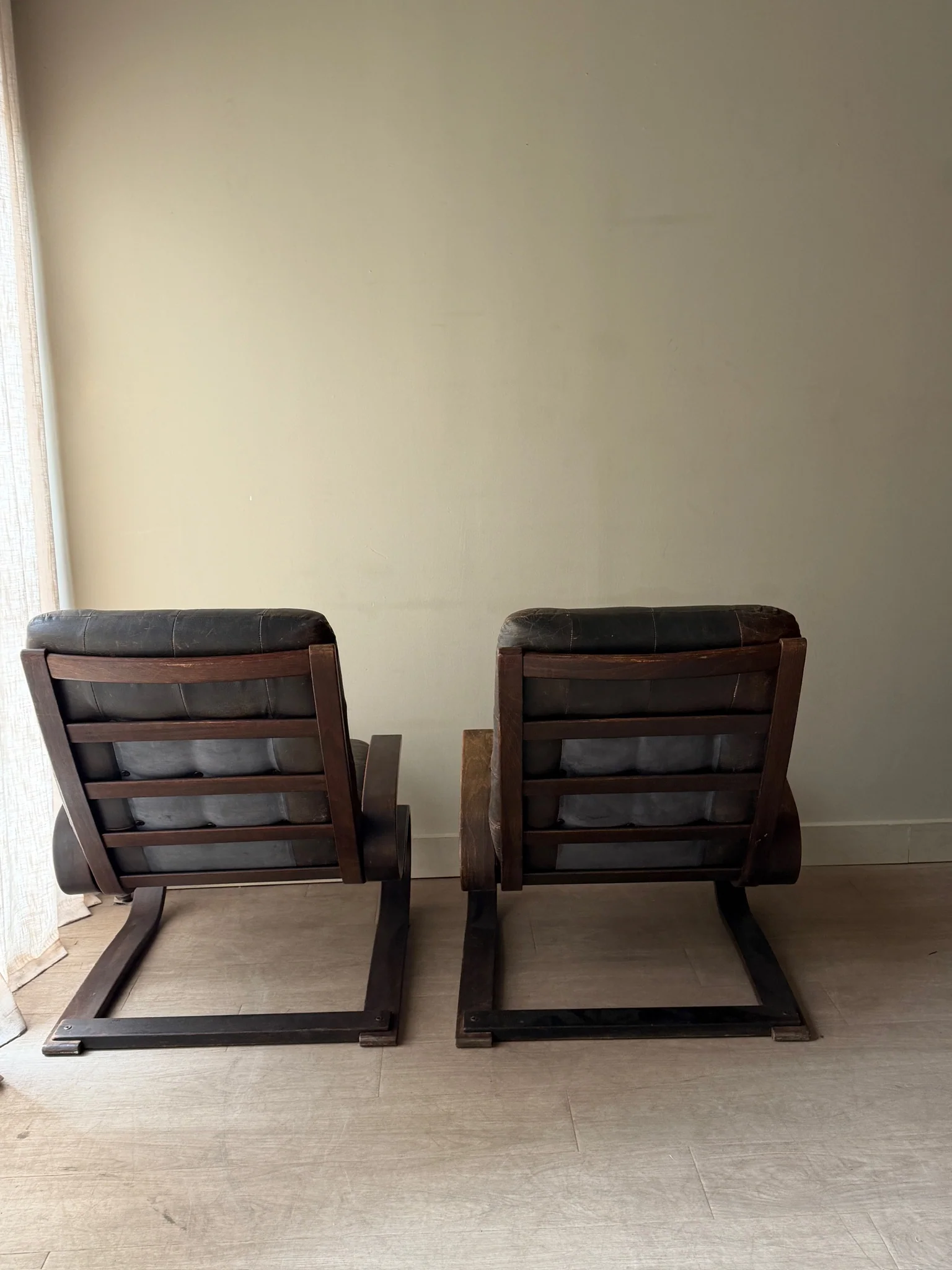 Danish beech bentwood and leather lounge chairs. Sold individually. - Image 4