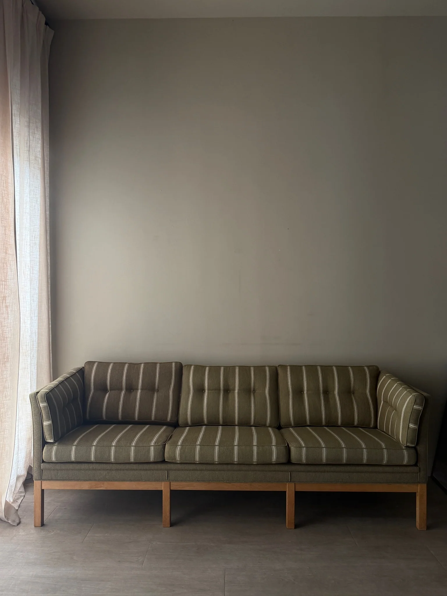 Danish green striped wool & oak sofa