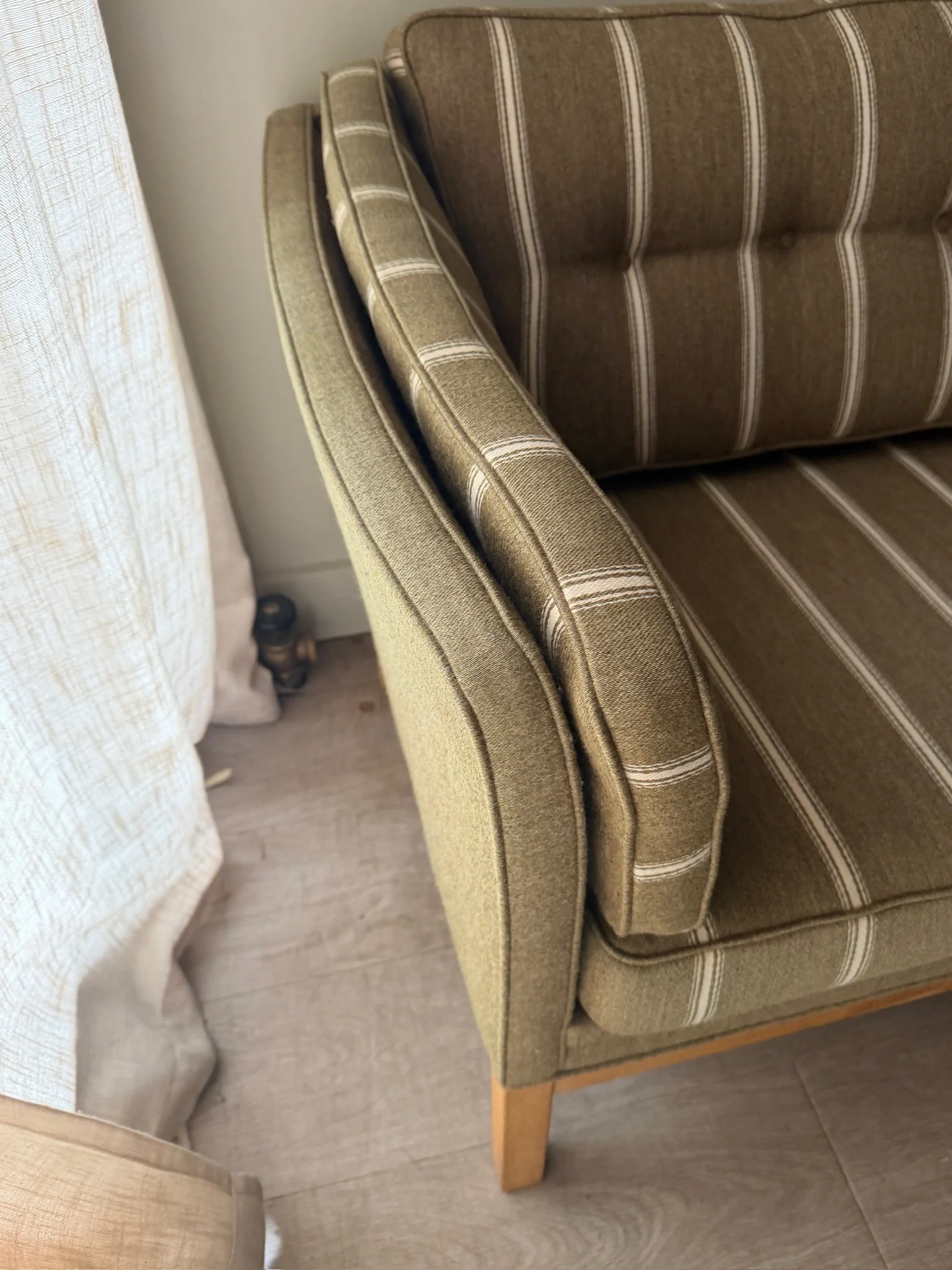 Danish green striped wool & oak sofa - Image 4
