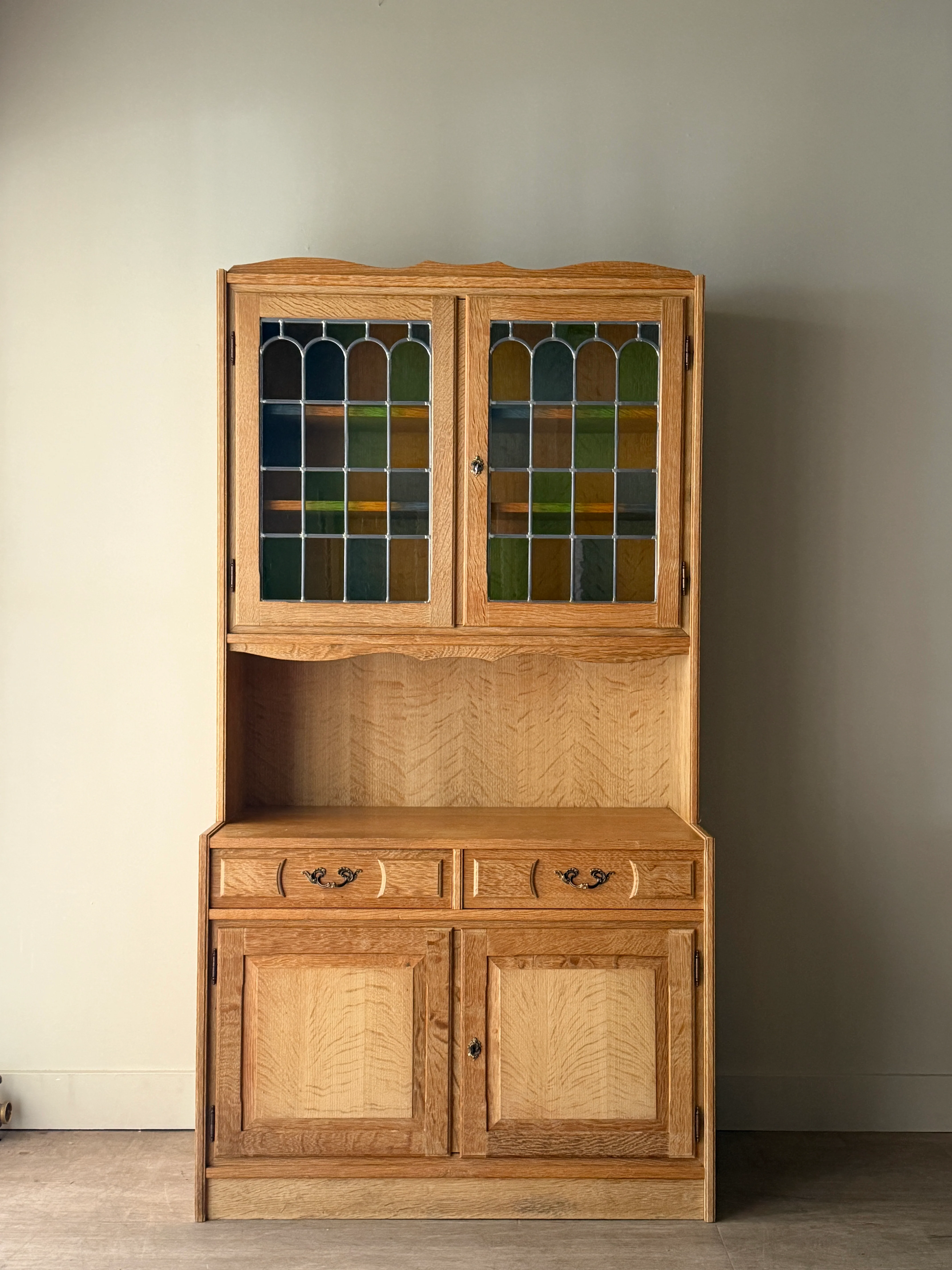 Danish oak & stained glass two piece hutch