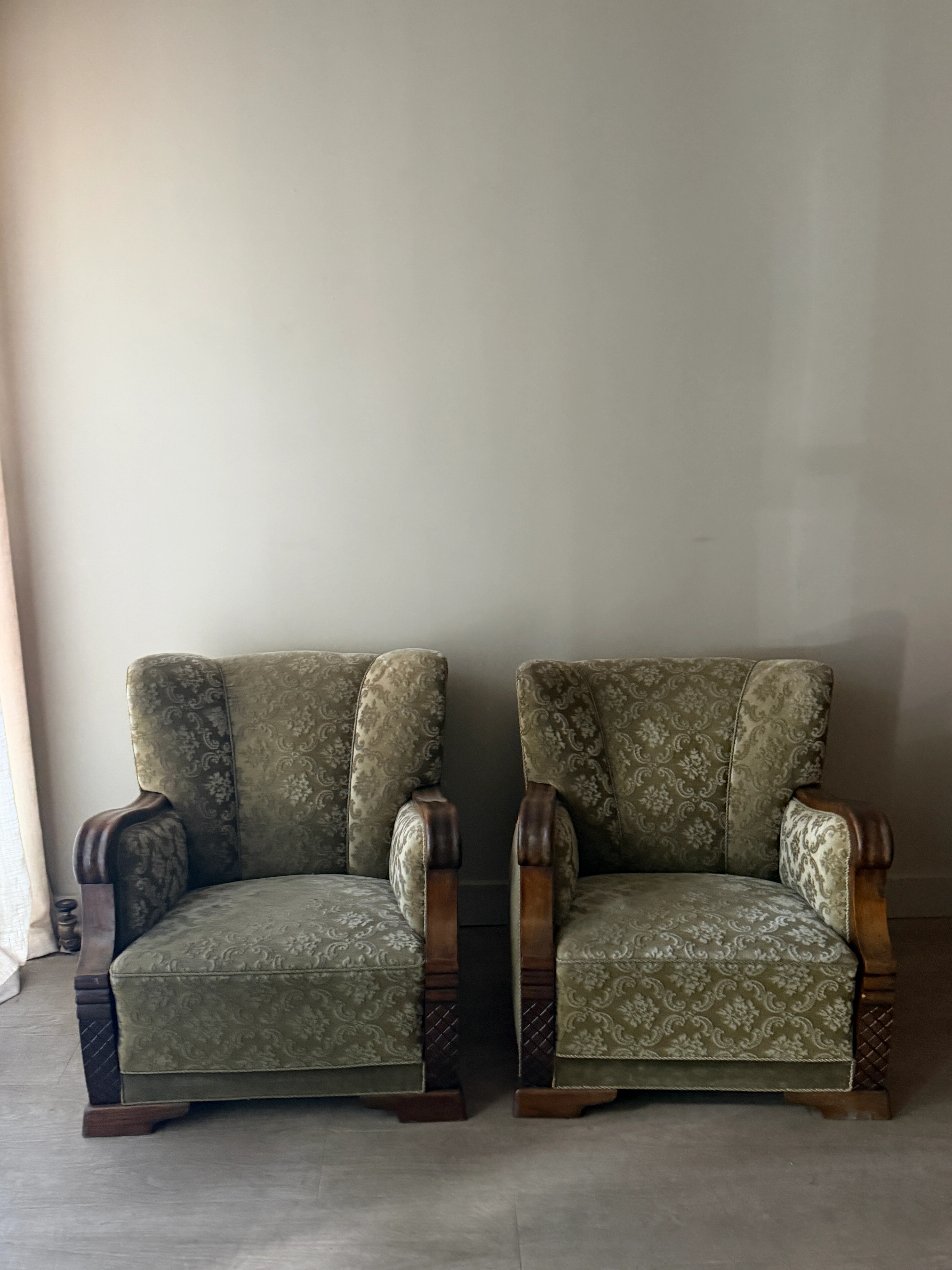 Danish sage green damask velvet lounge chairs. Sold individually. - Image 2