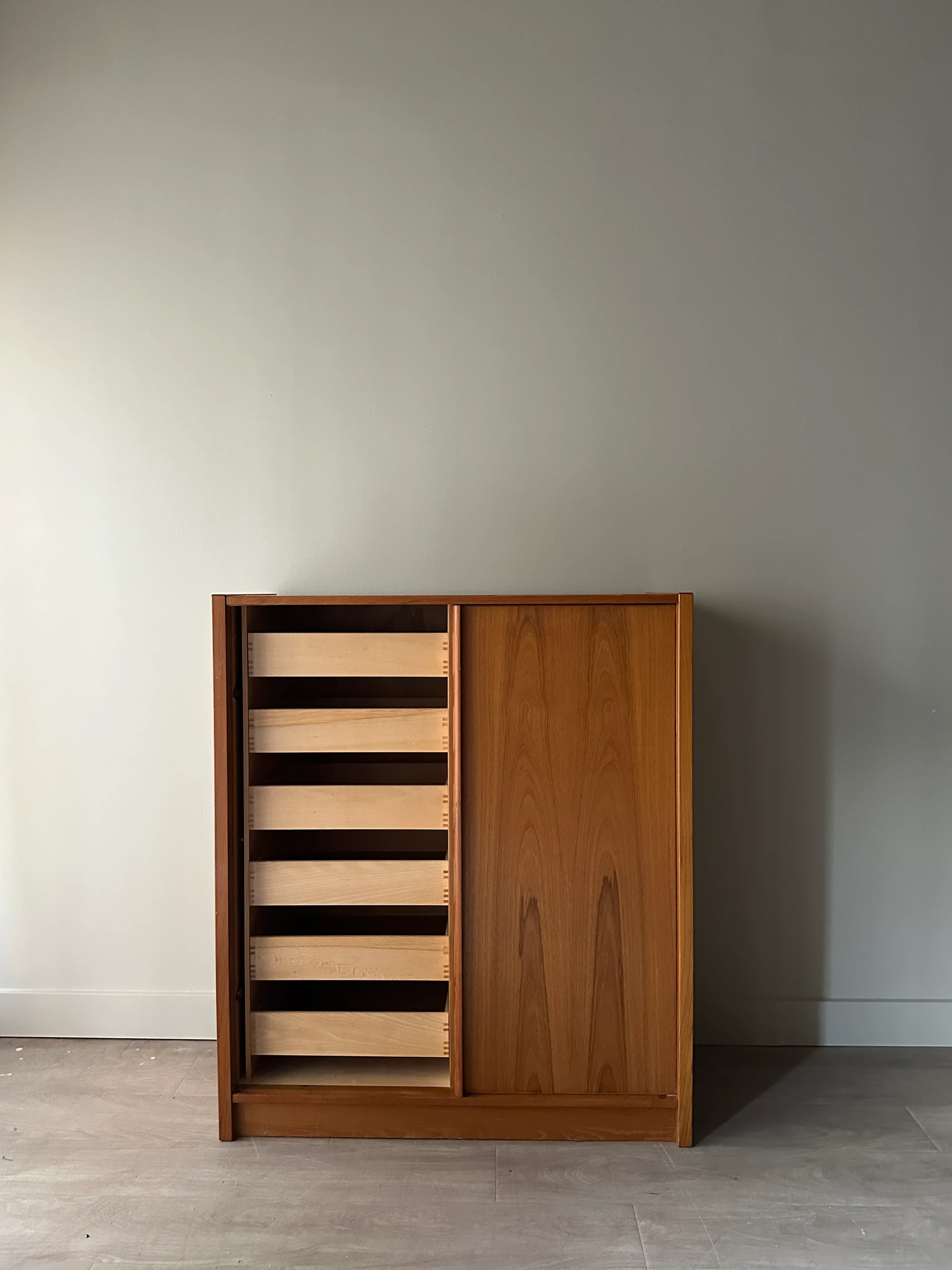 Danish teak one door cabinet. As is.