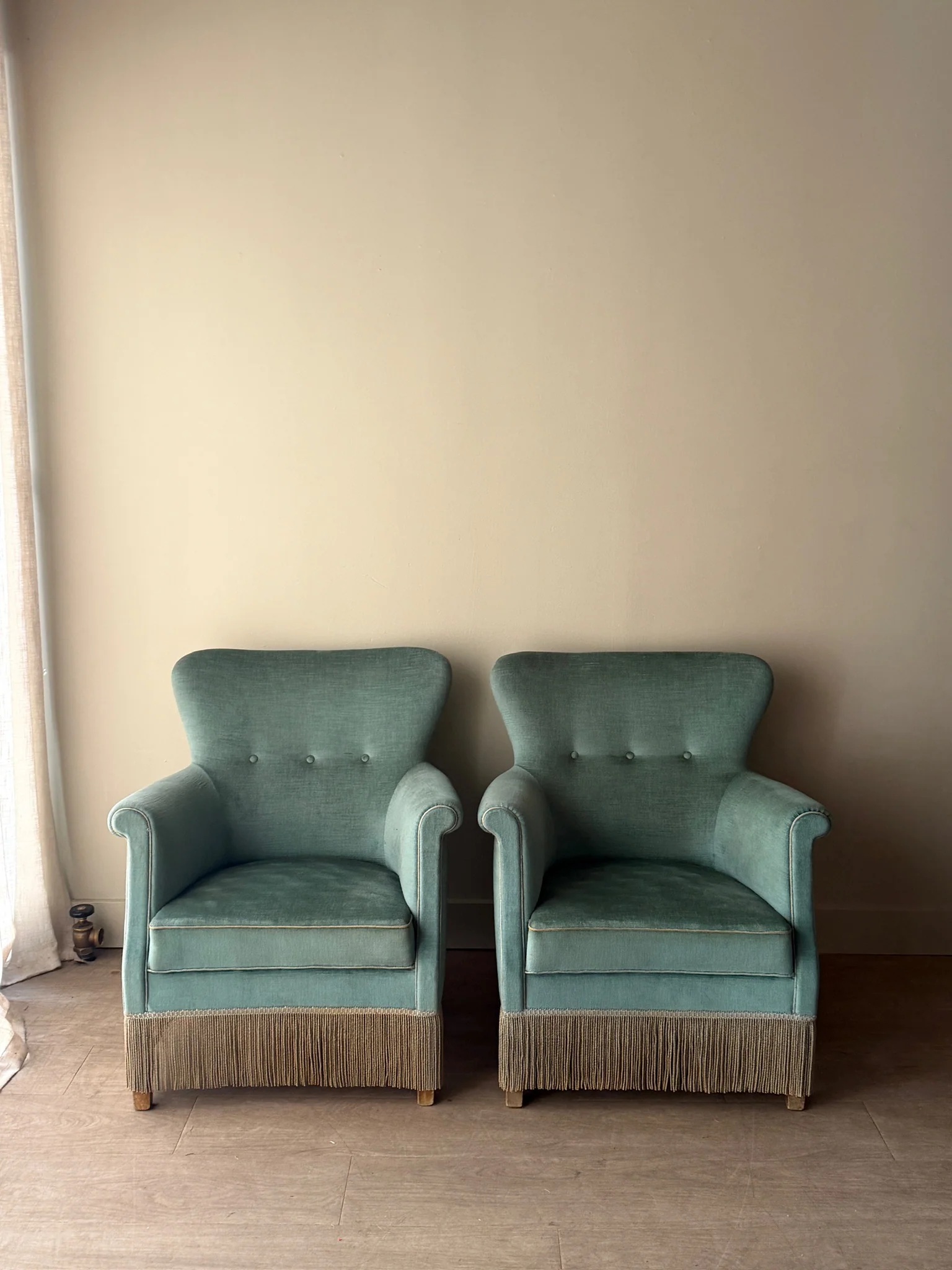 Danish velvet lounge chairs. Sold individually.