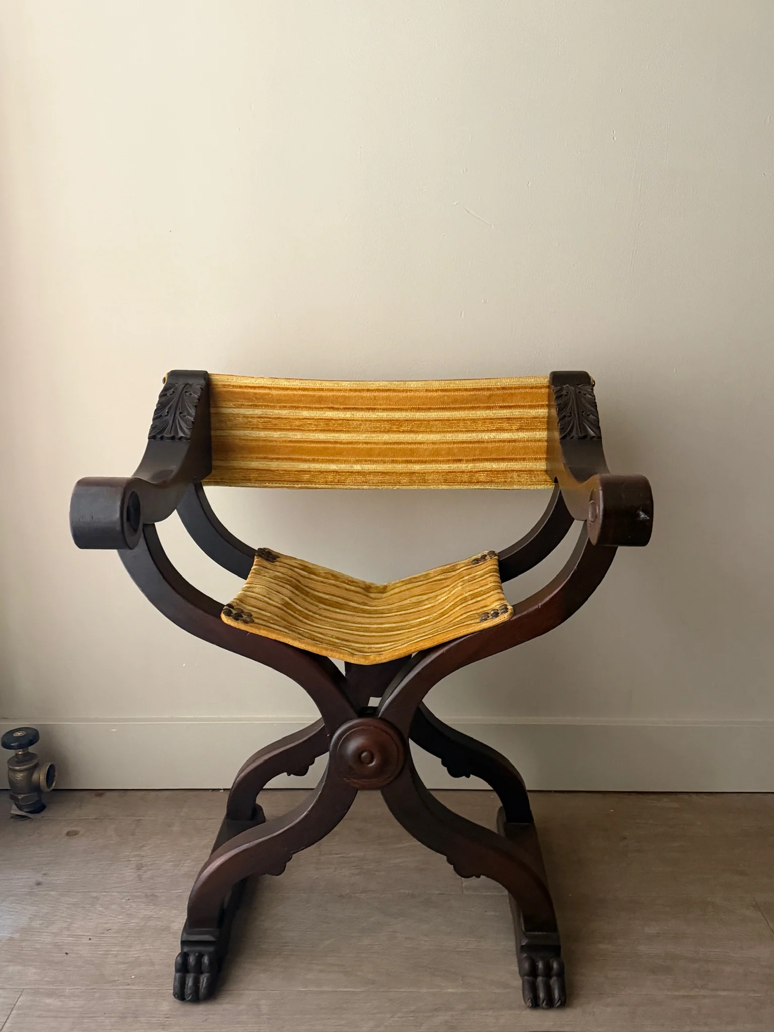 Folding mahogany and velvet vanity chair