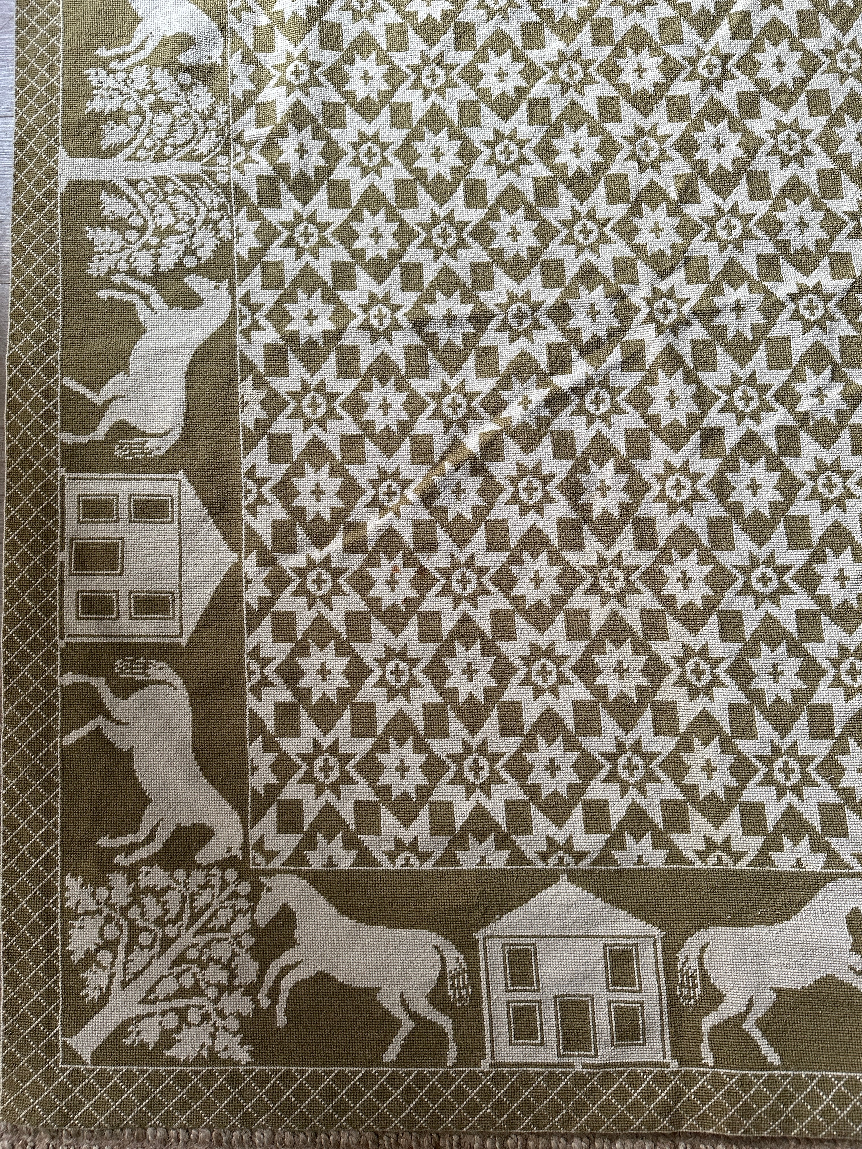 Green and cream hand woven wool coverlet/rug/tapestry - Image 11