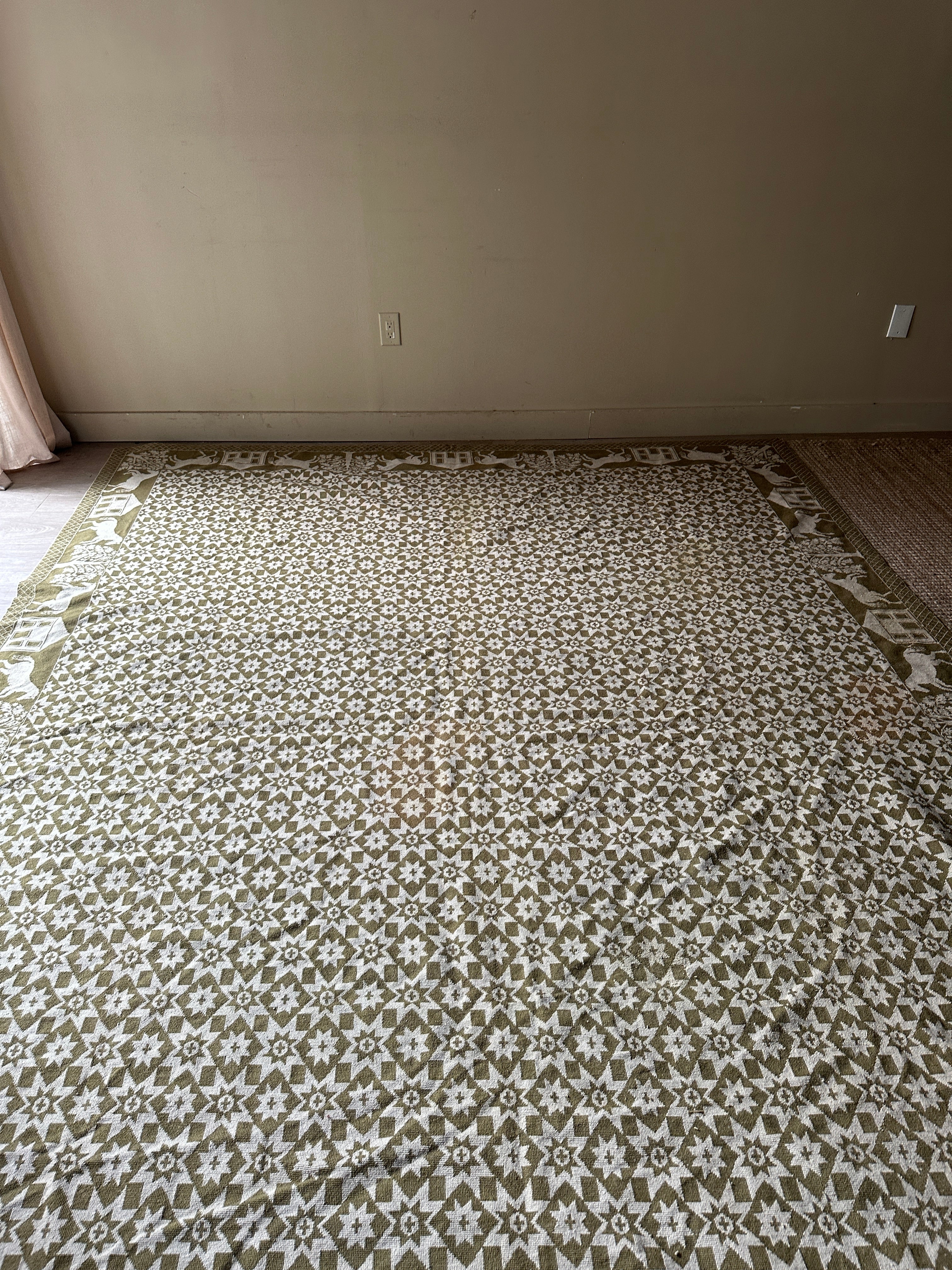 Green and cream hand woven wool coverlet/rug/tapestry - Image 5