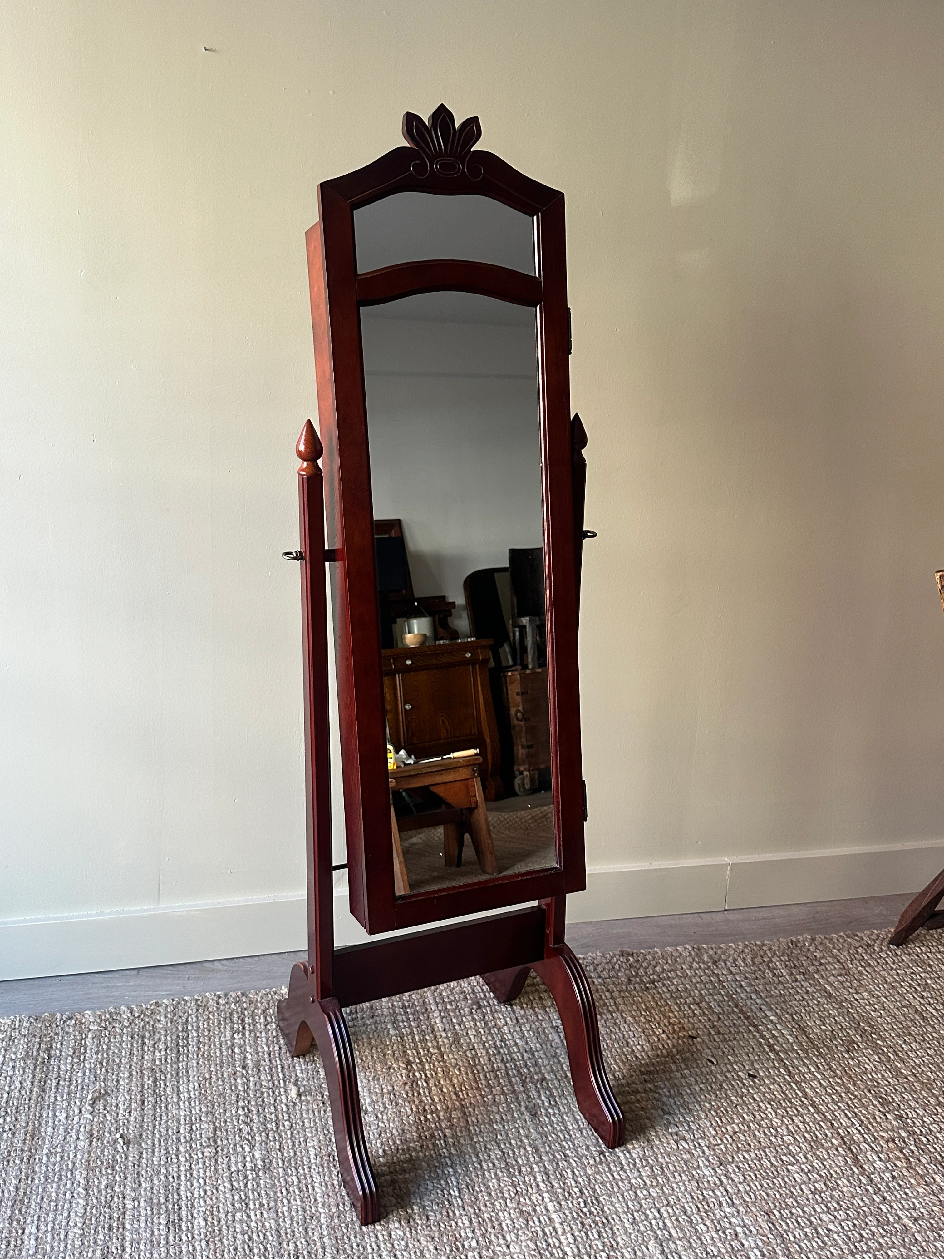 Mahogany Cheval mirror w jewelry cabinet