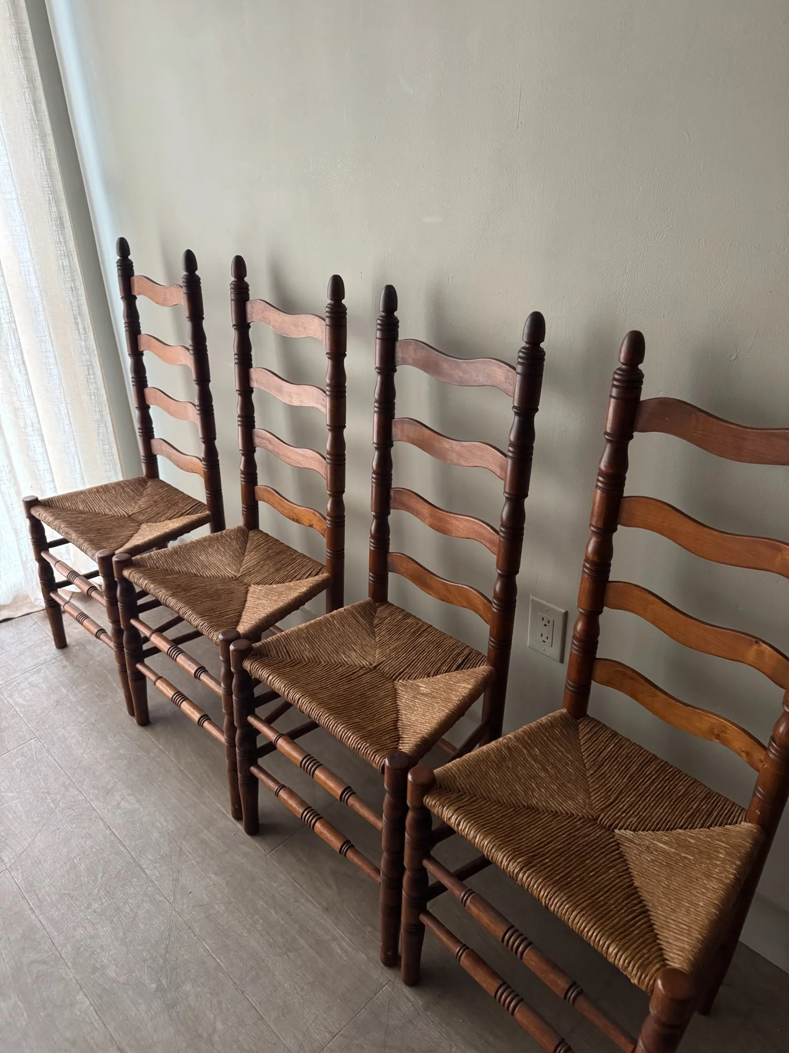Maple ladder back rush seat chairs. Sold in pairs. - Image 3