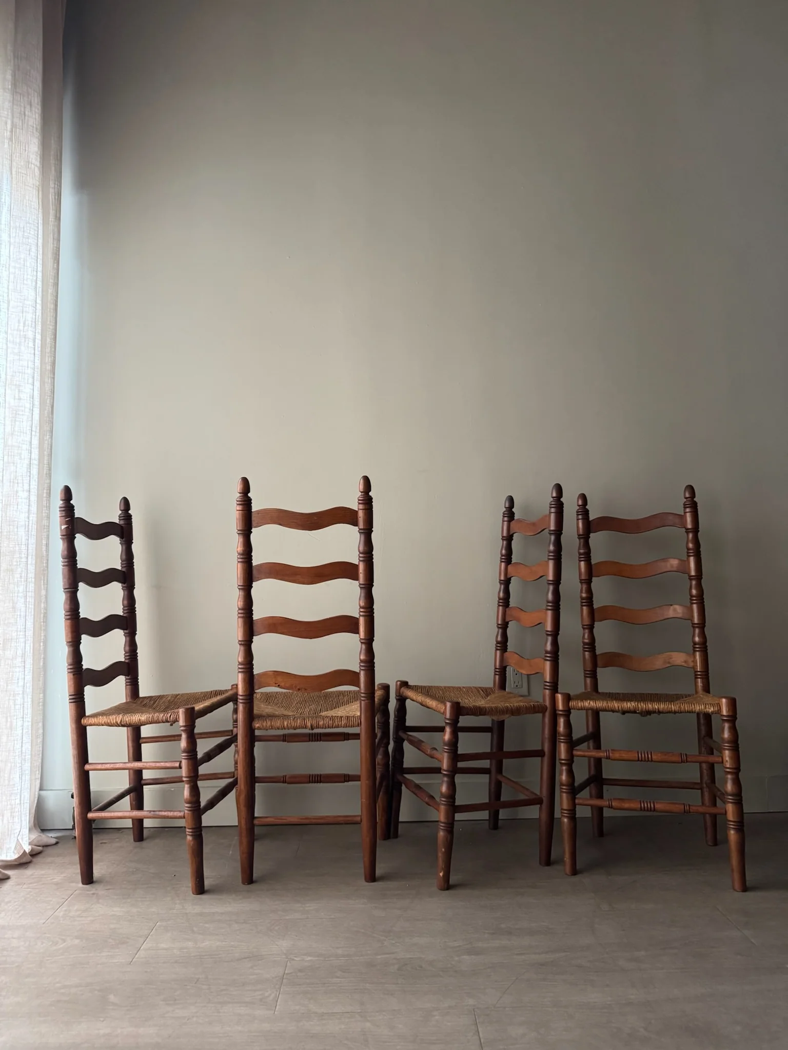 Maple ladder back rush seat chairs. Sold in pairs. - Image 5