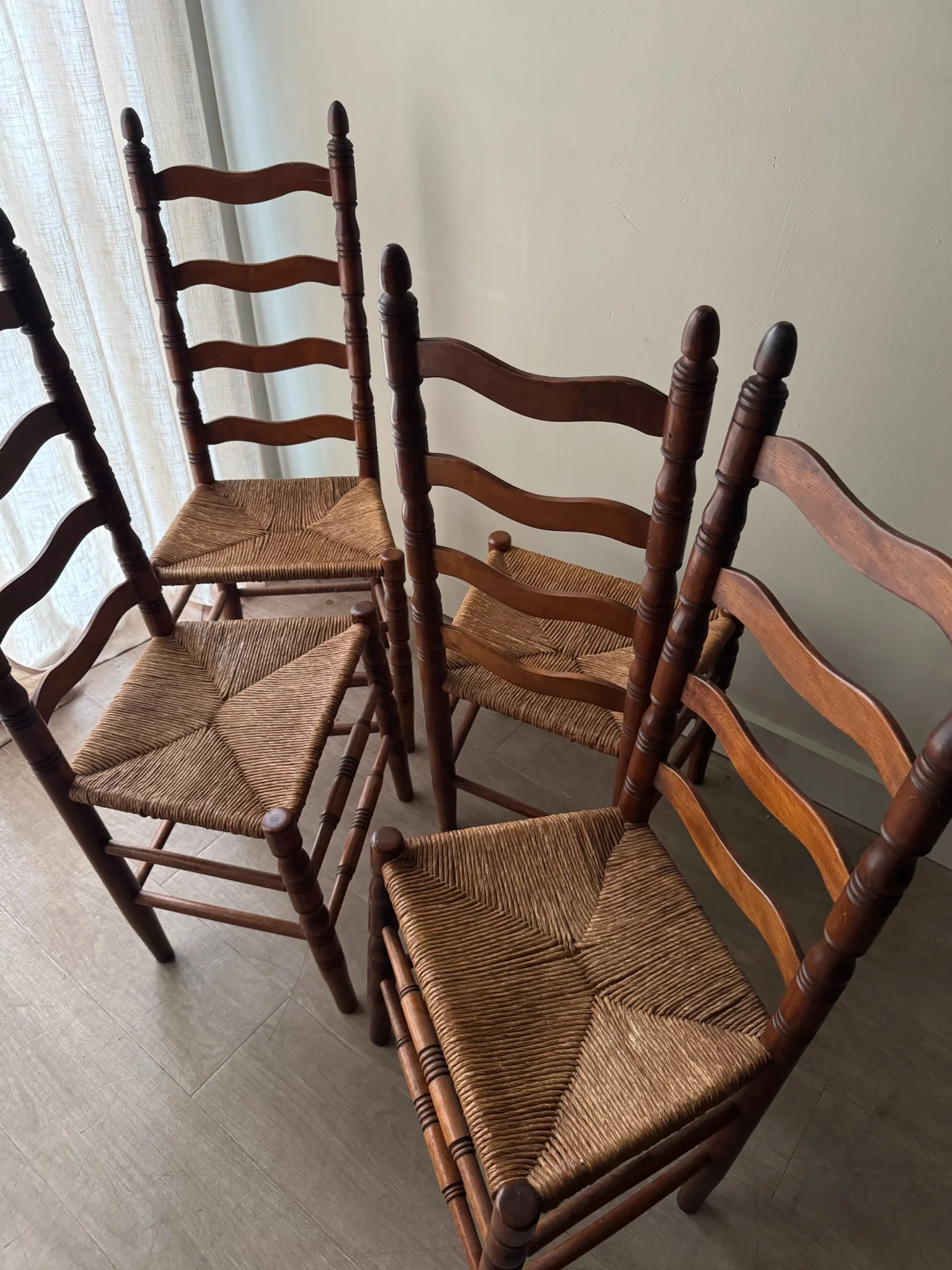 Maple ladder back rush seat chairs. Sold in pairs. - Image 6