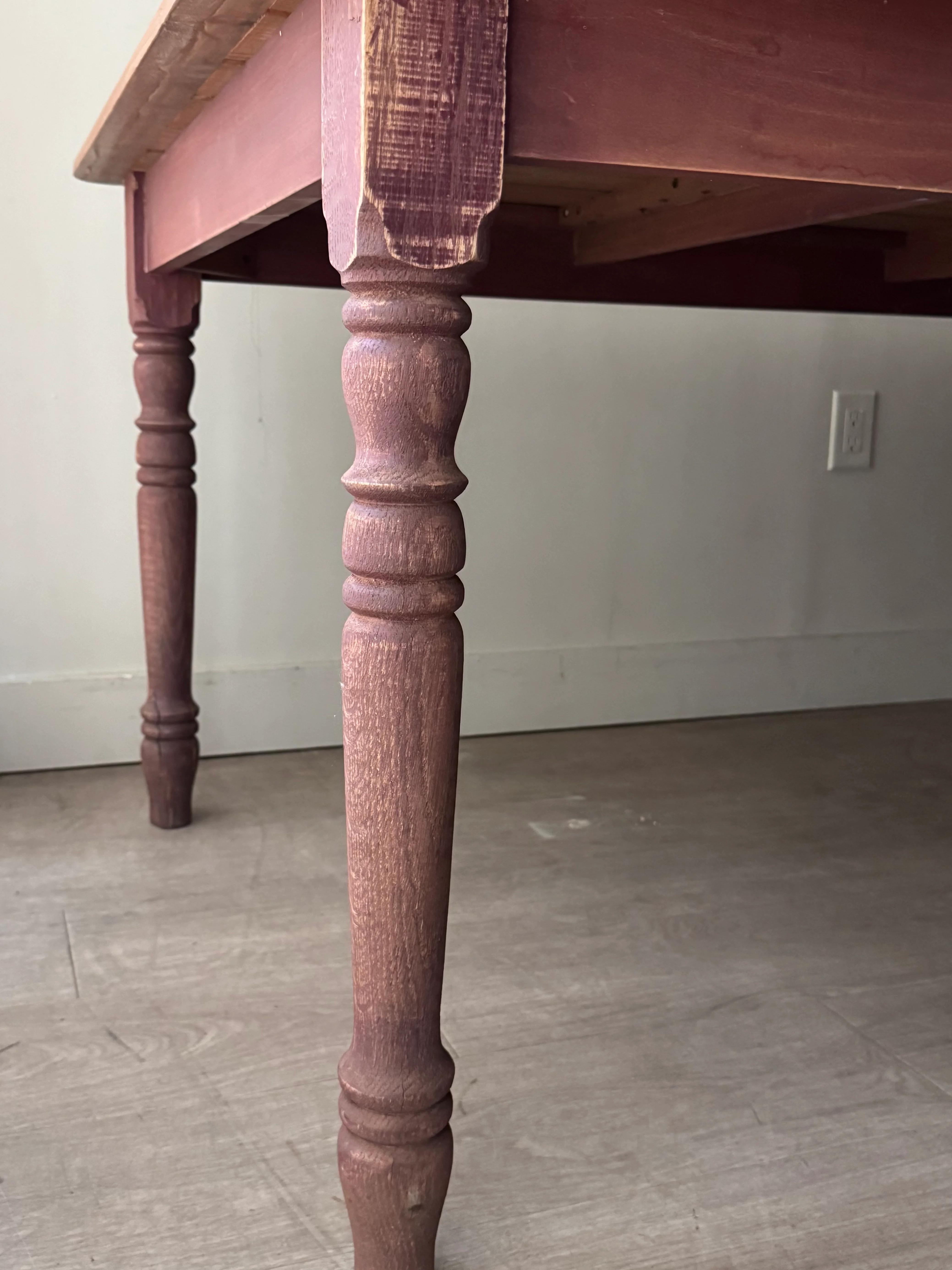 Red painted pine farm table with scrubbed top - Image 3