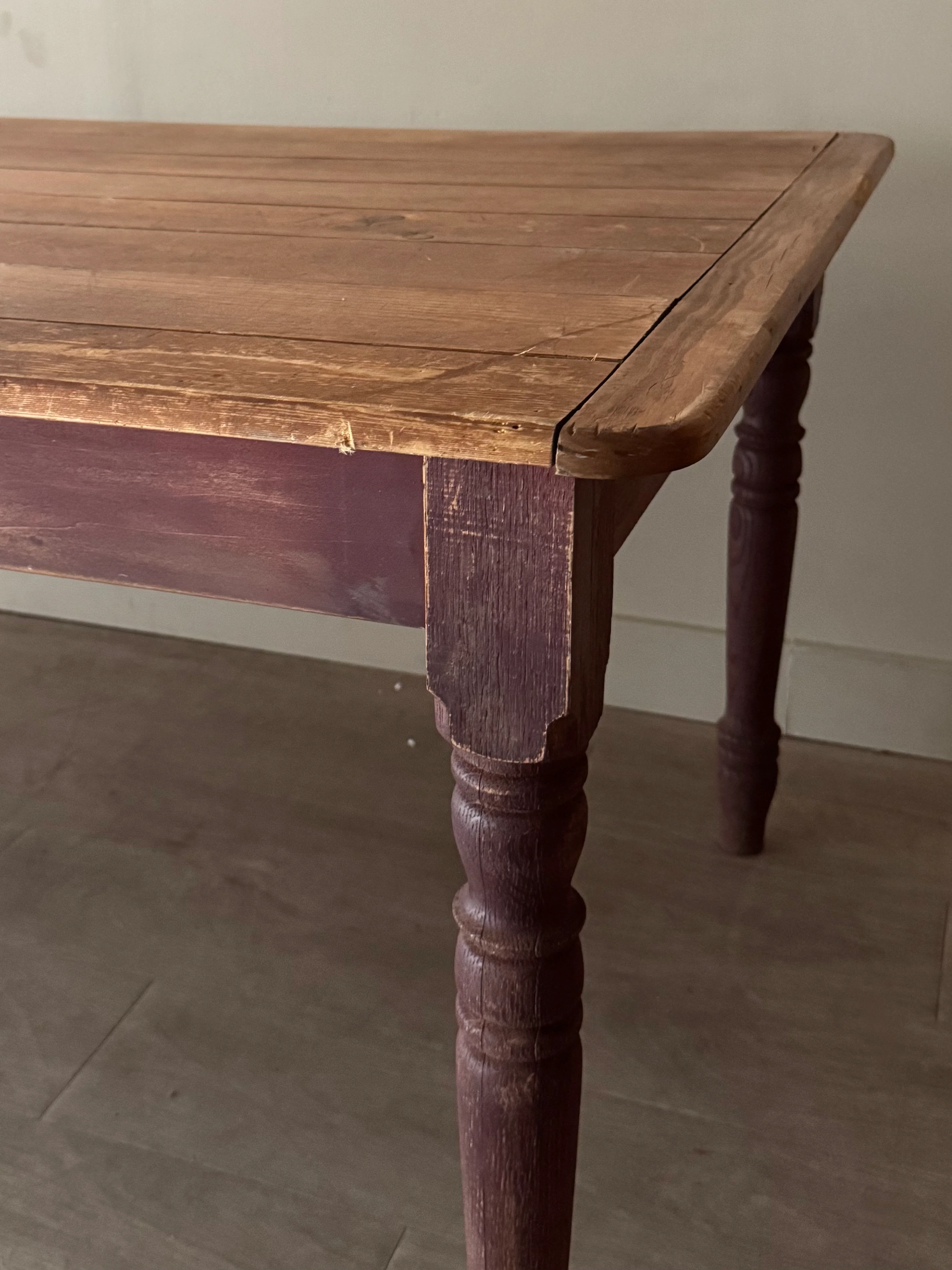 Red painted pine farm table with scrubbed top - Image 4