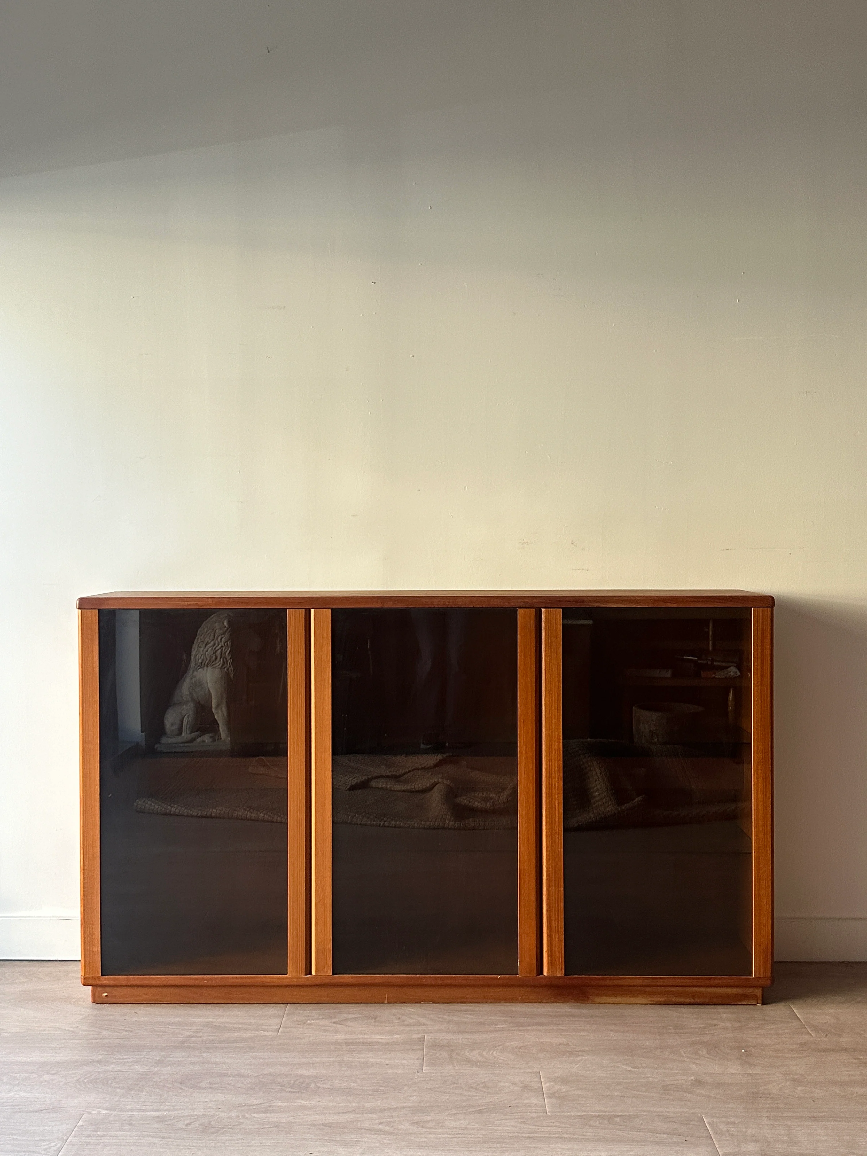 Smoked glass and teak bookcase