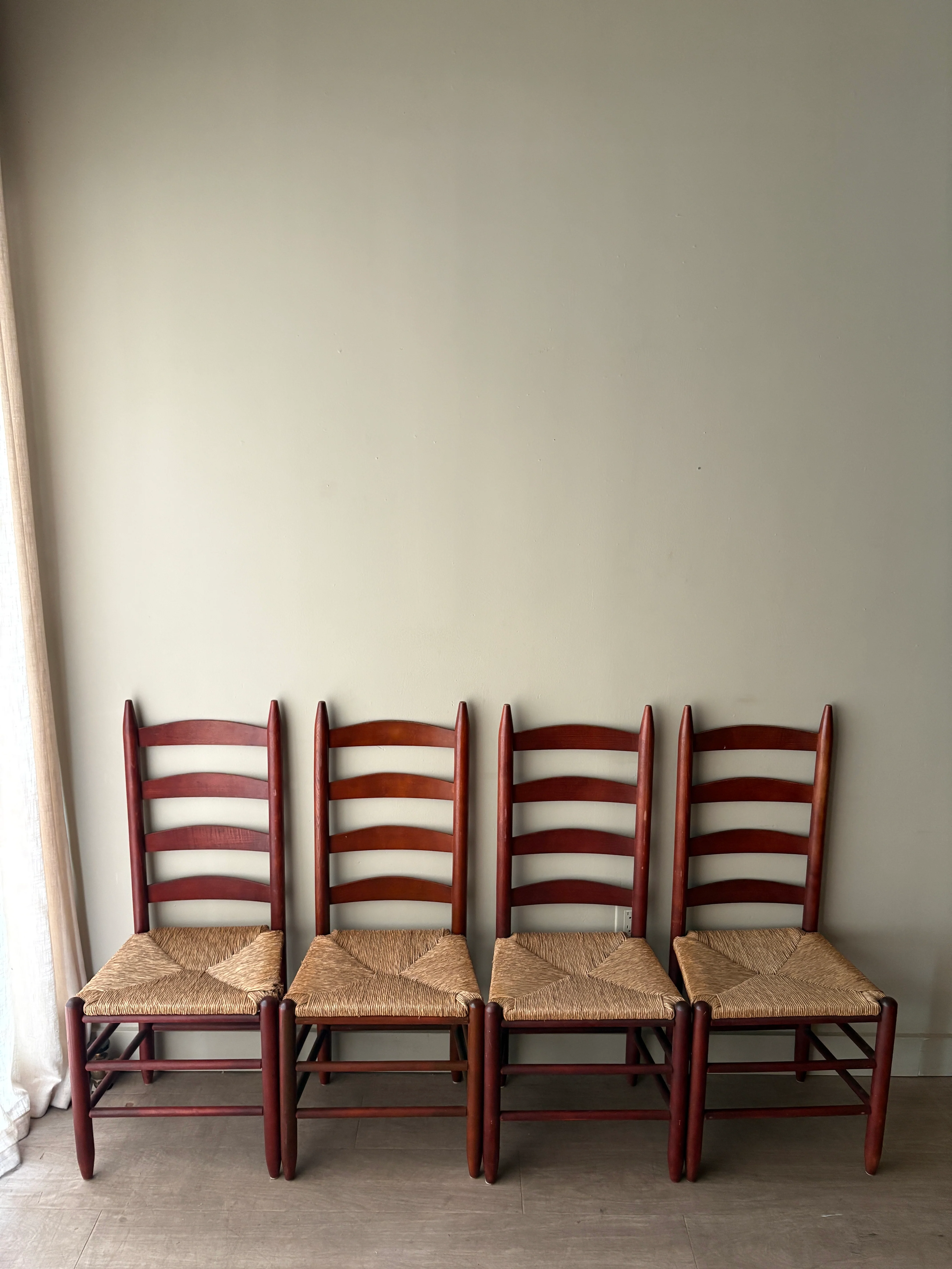 Stained oak rush seat ladder back dining chairs. Sold as a set of 4. - Image 2