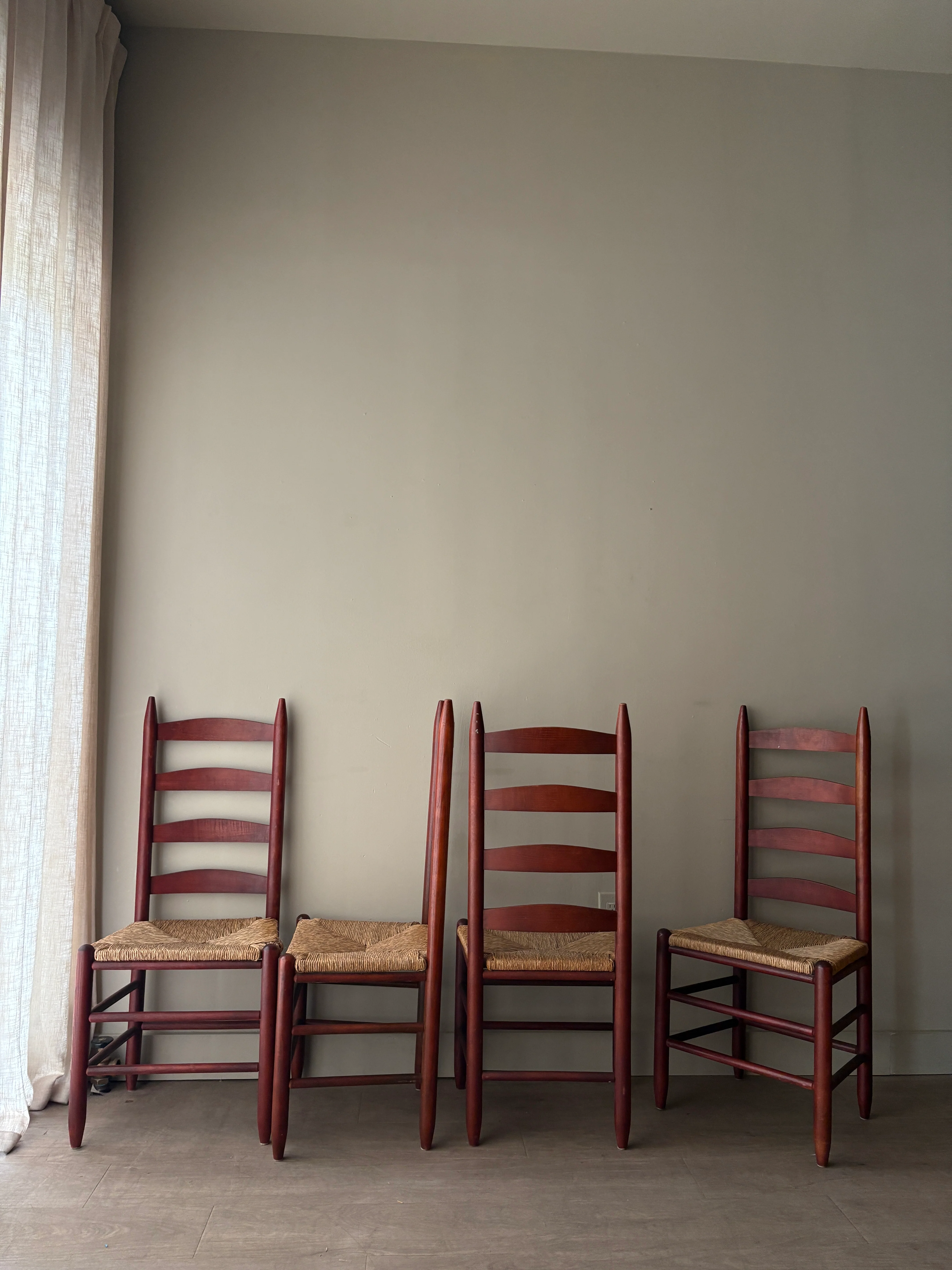 Stained oak rush seat ladder back dining chairs. Sold as a set of 4. - Image 4