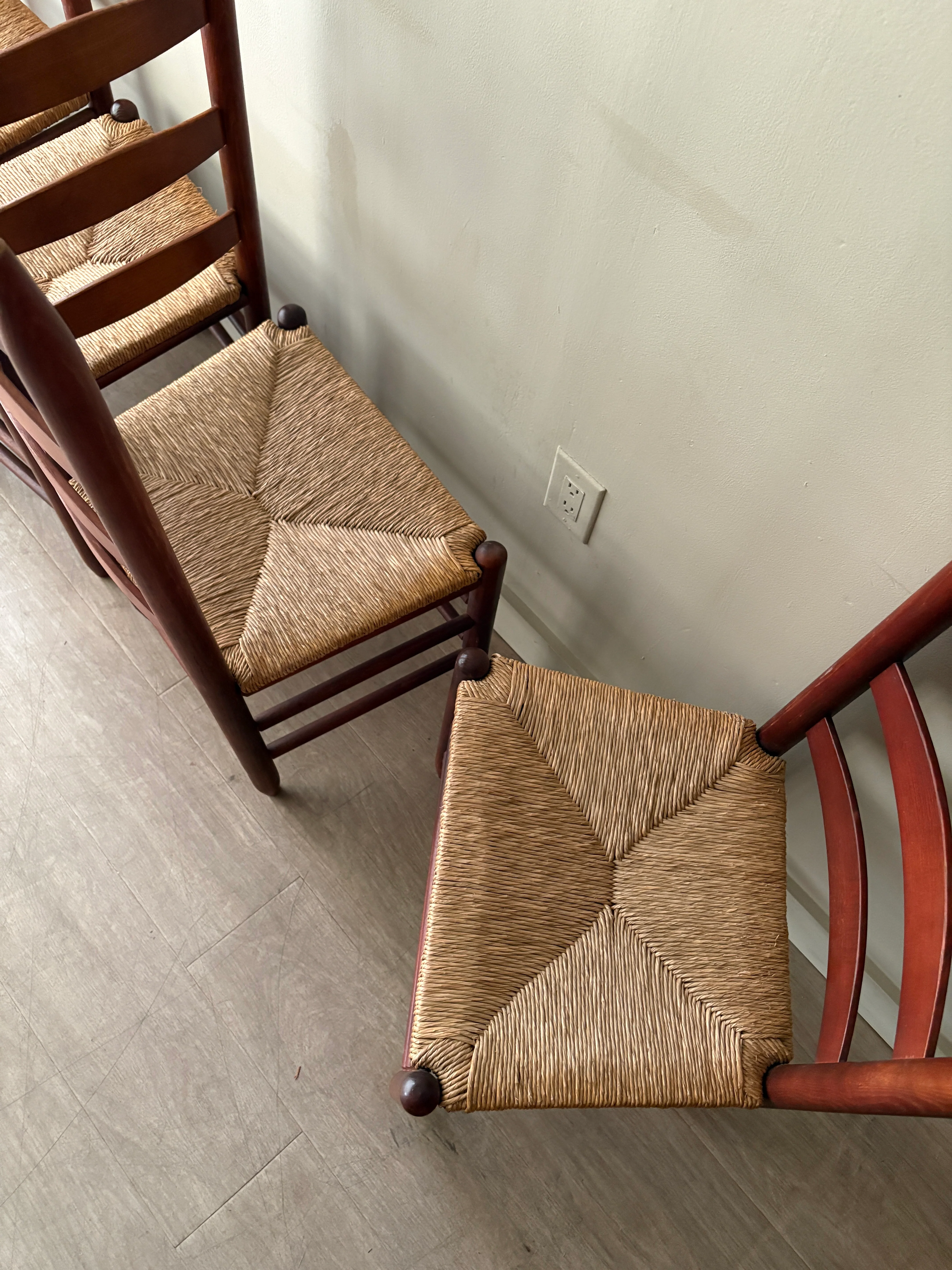 Stained oak rush seat ladder back dining chairs. Sold as a set of 4. - Image 7