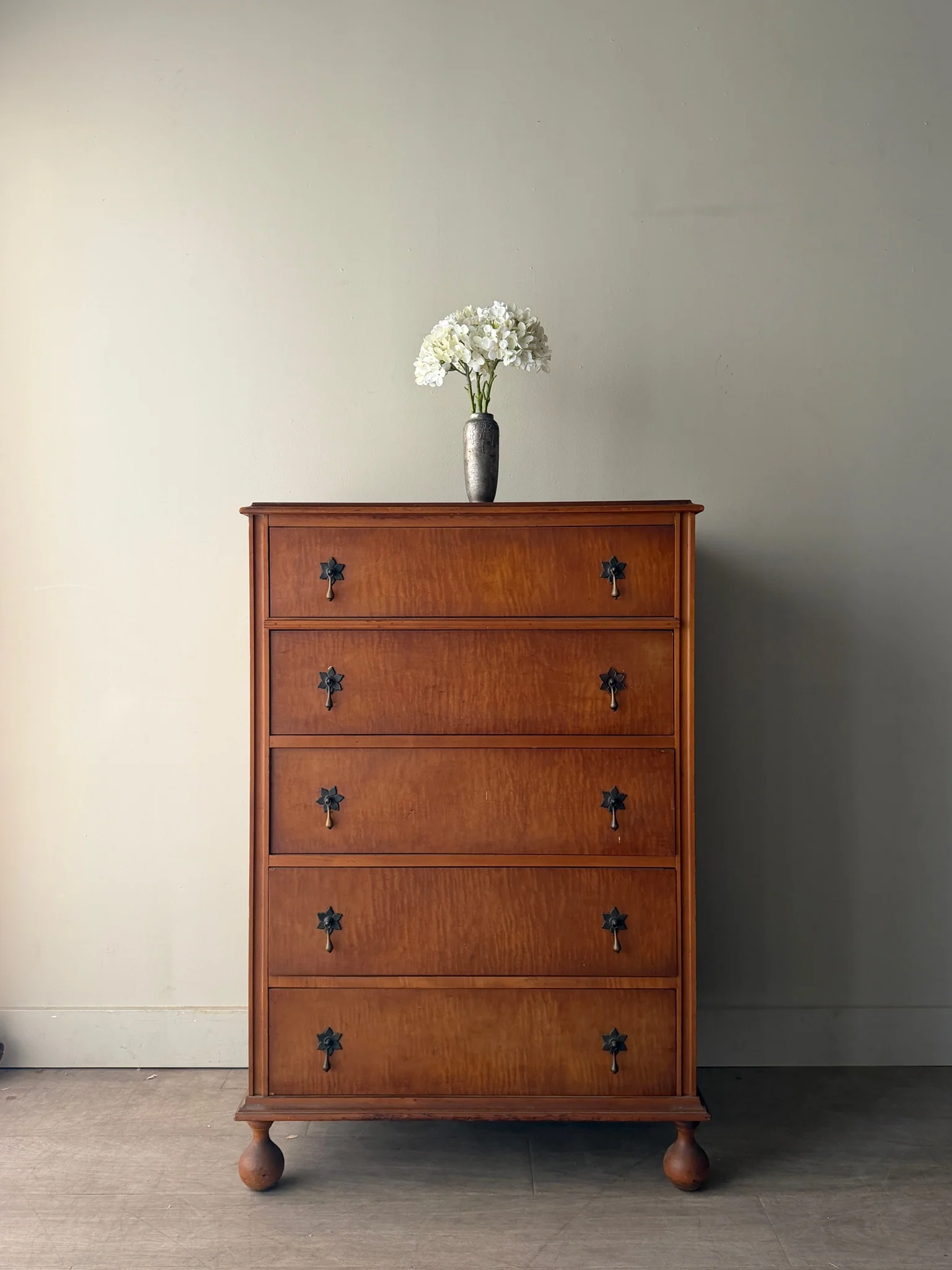Tiger maple tallboy dresser