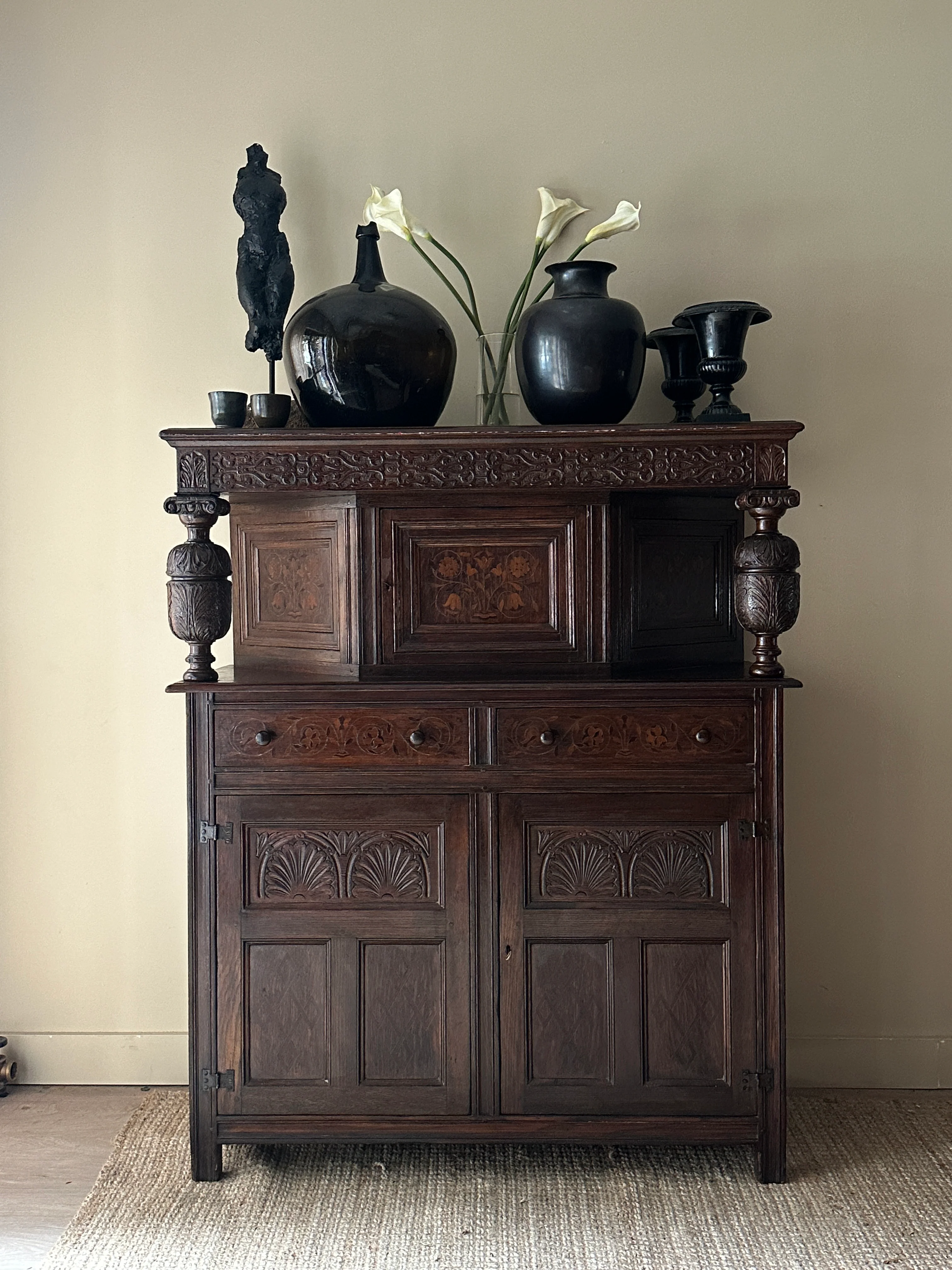 Tudor revival oak inlay cabinet