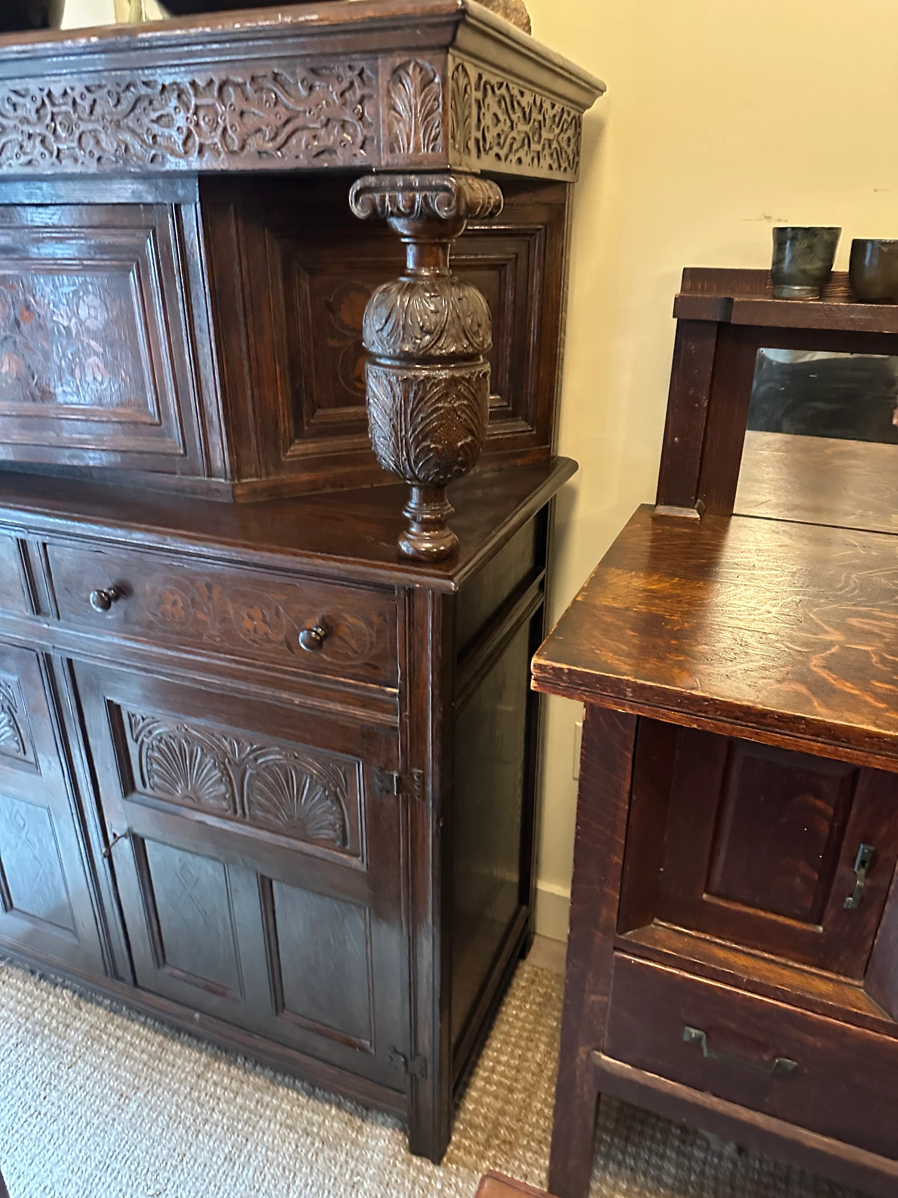 Tudor revival oak inlay cabinet - Image 4