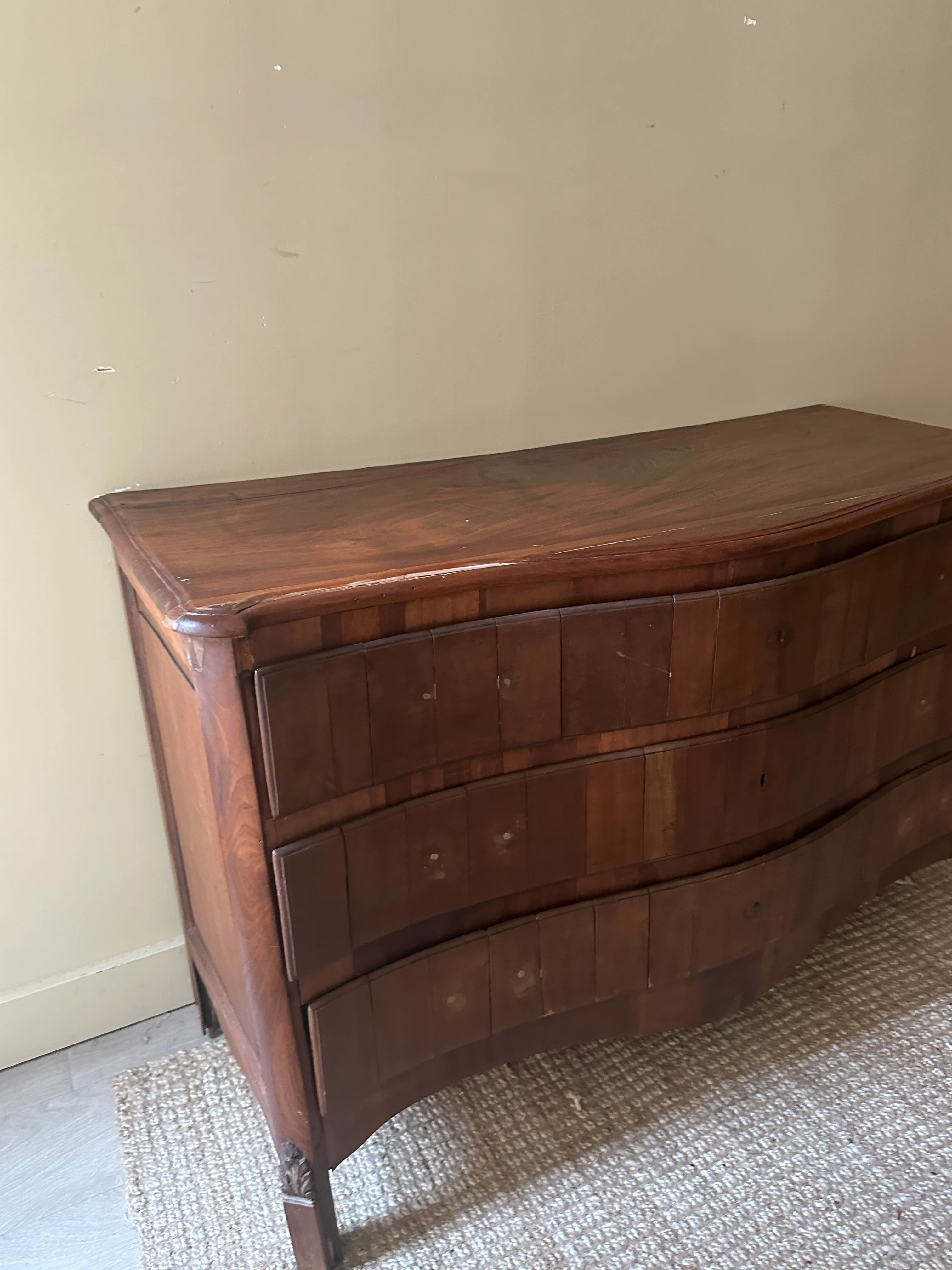 Wavy walnut dresser. Needs handles. - Image 4